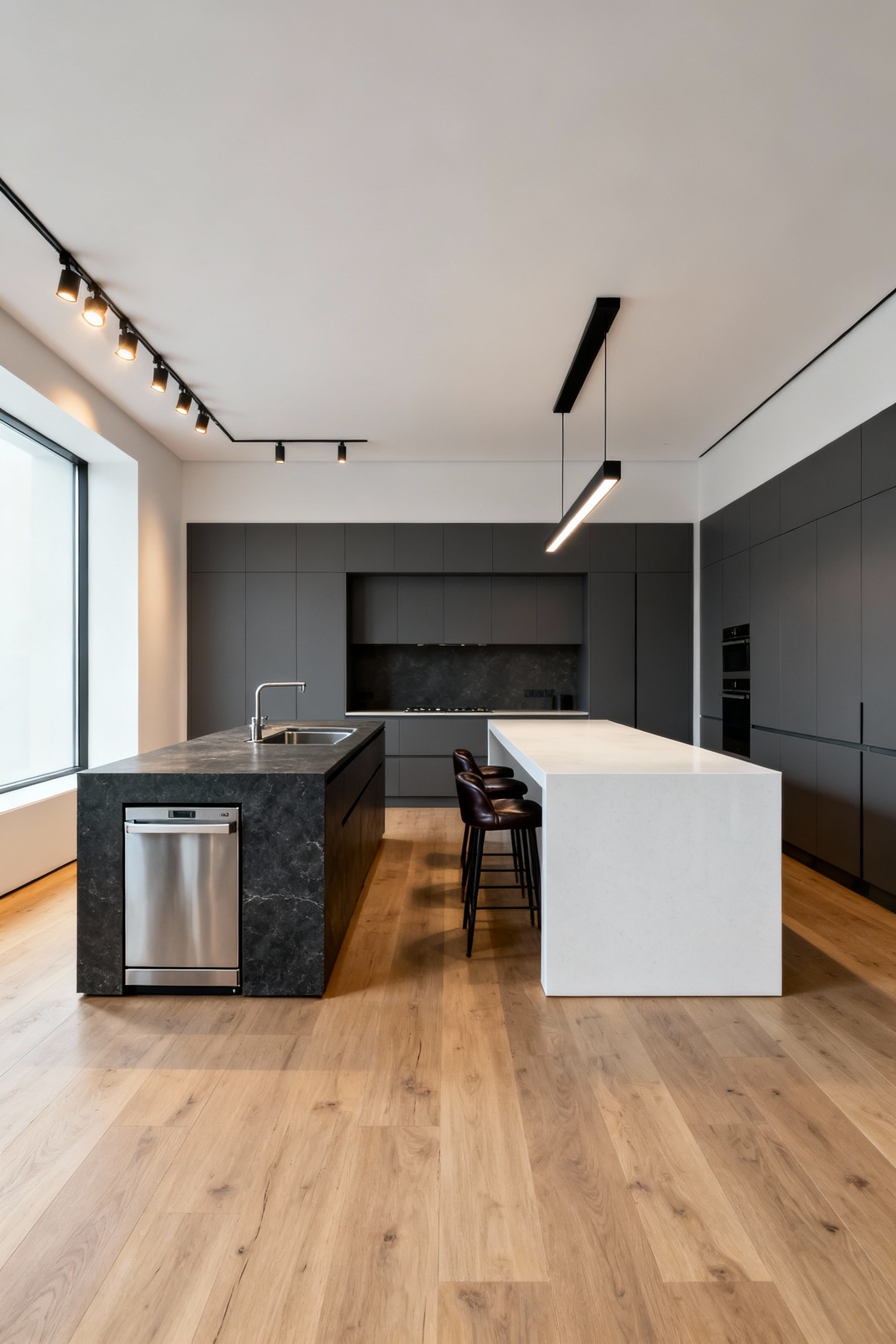 A modern kitchen featuring a double island configuration, separating a dark, functional prep island with a sink from a clean, white social island with integrated seating.