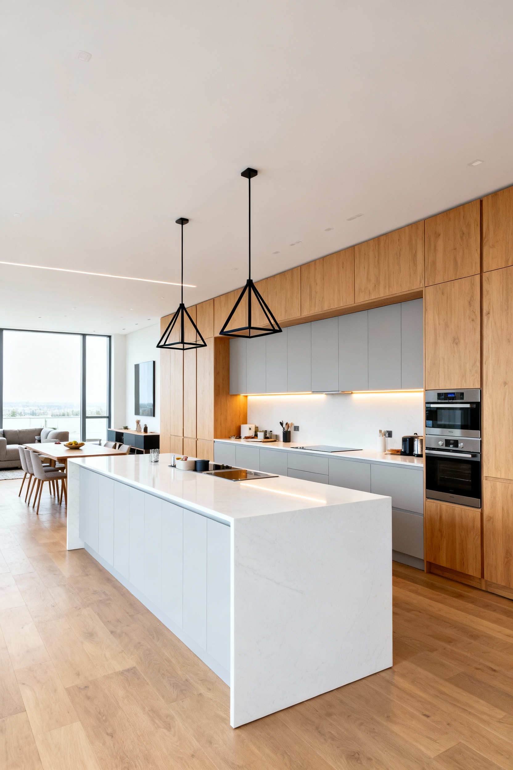 A wide view of a minimalist open-concept modern kitchen featuring a large white quartz island, light gray handleless cabinets, and light oak wood storage, designed to accommodate multiple users and collaboration.