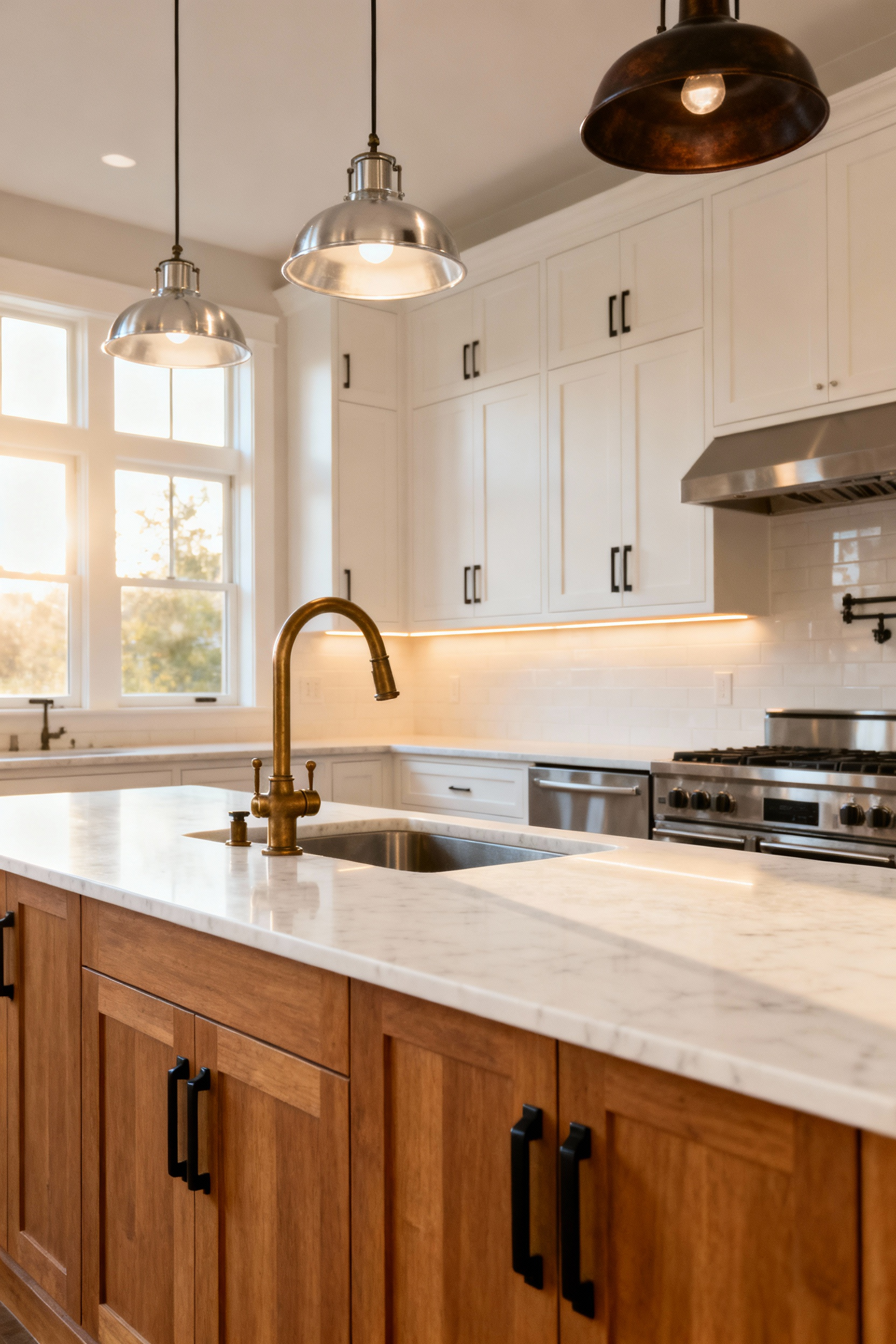 A high-end modern kitchen featuring a curated mix of metal finishes, including a brass faucet, matte black cabinet hardware, and stainless steel appliances, achieving a layered, collected aesthetic.