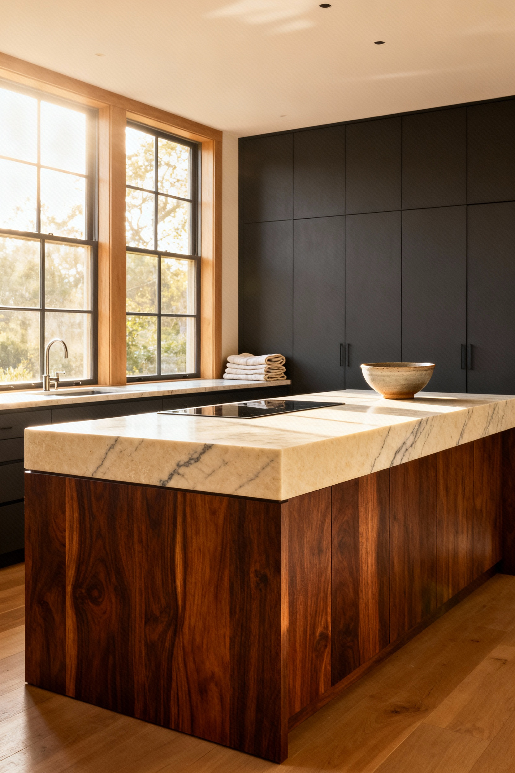 High-end modern transitional kitchen featuring a large central island with a honed quartzite countertop and a solid walnut wood base, showcasing materials designed to age gracefully and develop a rich patina.