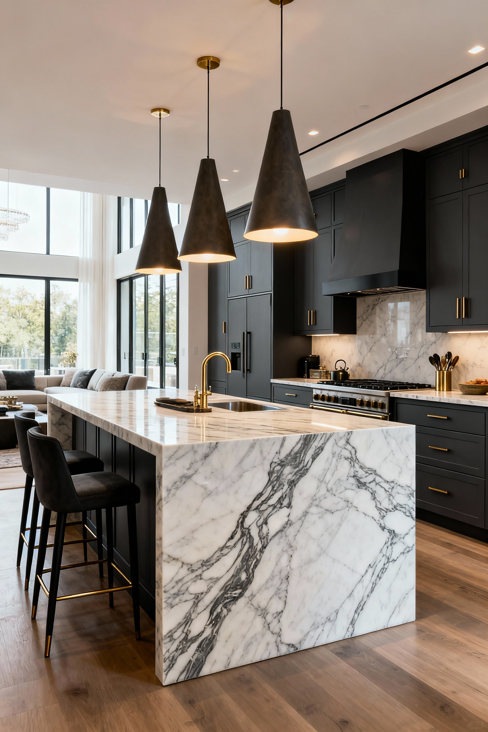 Wide shot of a modern open-concept kitchen featuring three large sculptural matte black and brass pendant lights hanging over a white marble waterfall island visually zoning the cooking area.