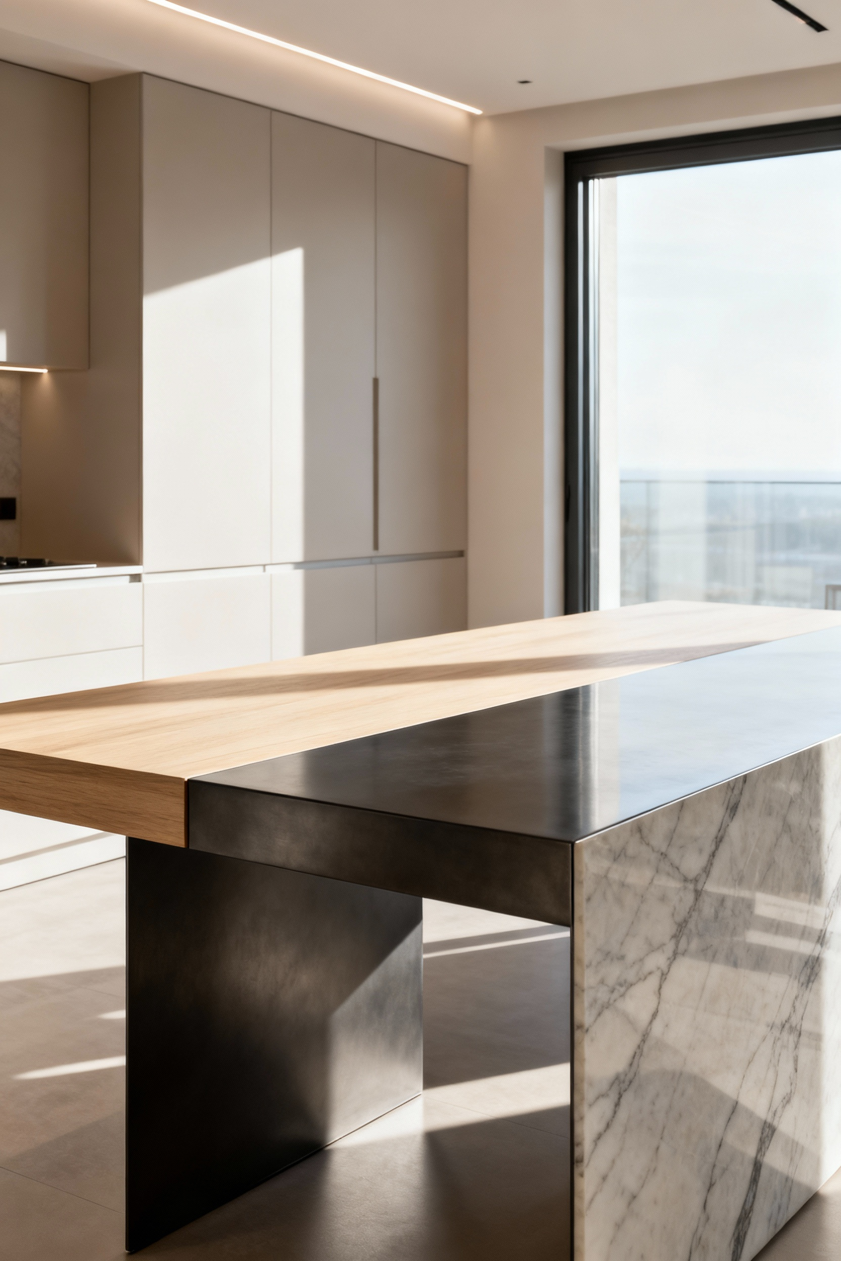 Modern kitchen table surfaces showcasing wood, metal, and stone textures in a minimalist setting.