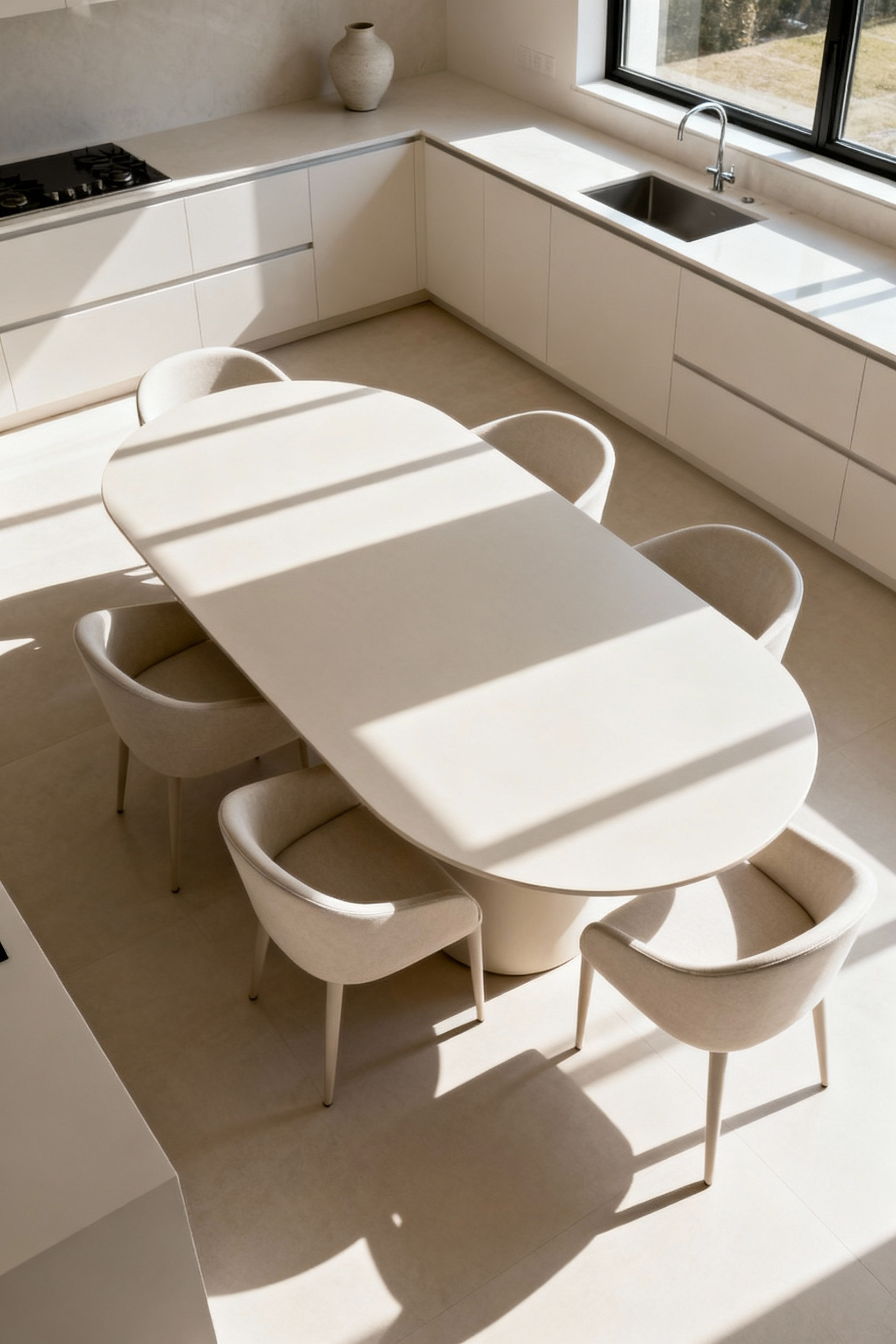 A minimalist modern kitchen featuring a sleek, light-wood round dining table with comfortable, armless chairs, strategically placed to illustrate excellent spatial flow and elegant functionality. The kitchen has clean lines, white cabinetry, and large windows providing ample natural light. No people are present, and the scene conveys sophisticated design and efficient use of space with open pathways.