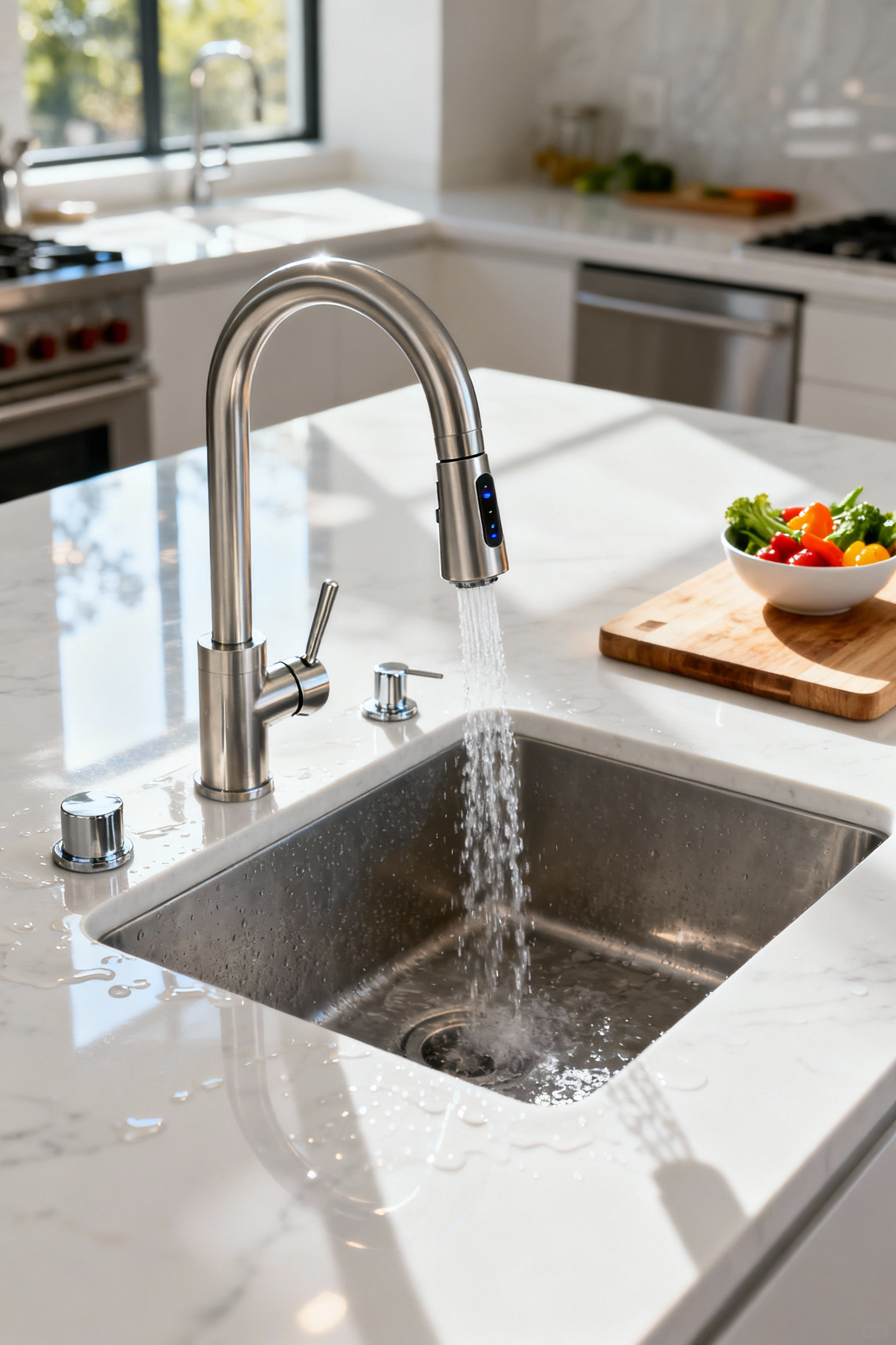 A photograph of a modern kitchen sink featuring a sleek, high-arc touchless faucet with integrated motion sensors and a manual handle, set in a bright white quartz countertop.