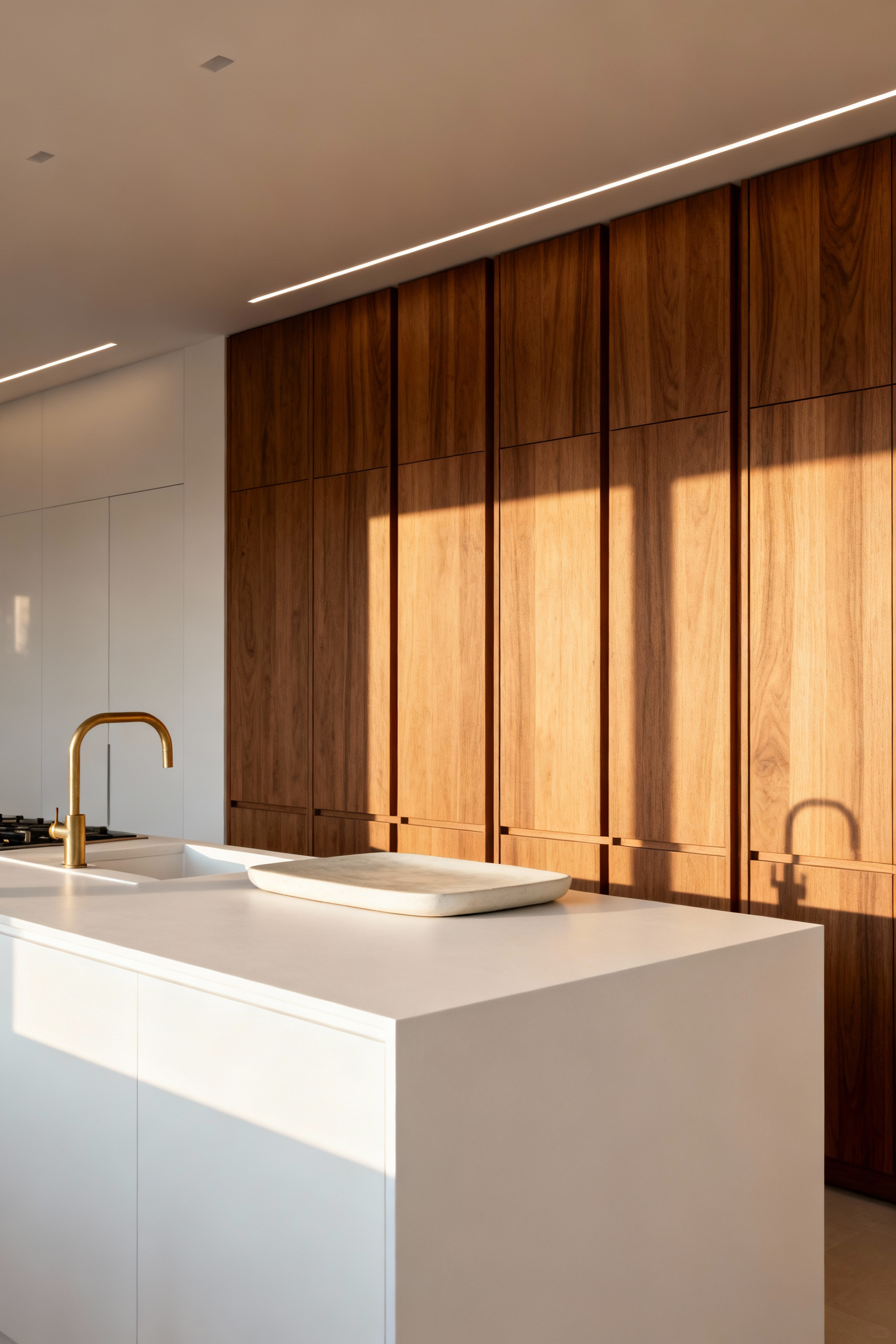 A warm minimalist modern kitchen featuring natural oak wood cabinetry and a contrasting white quartz island, emphasizing biophilic design integration.