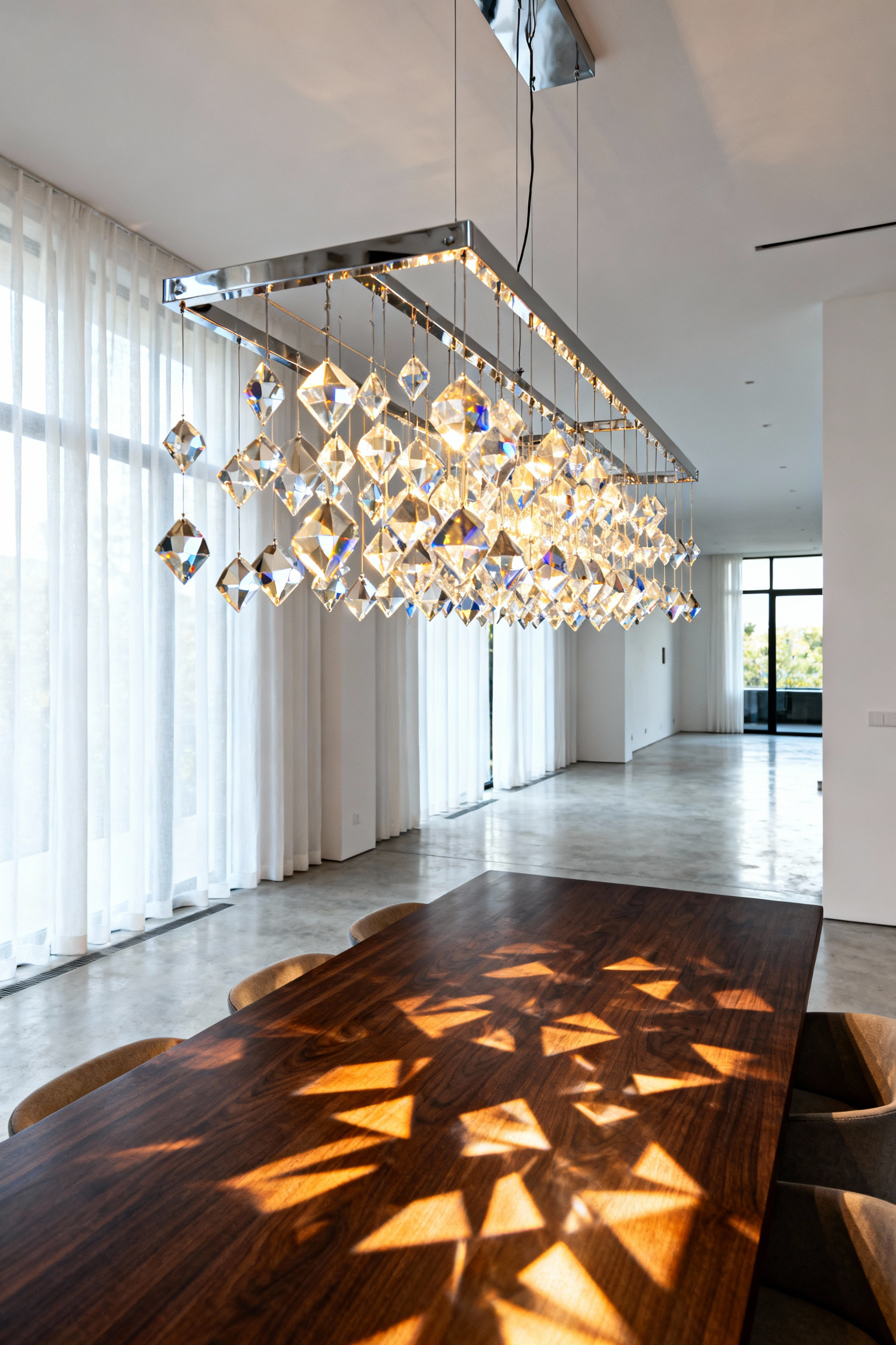 A modern dining room featuring a linear crystal light fixture hanging over a rectangular walnut table, emphasizing geometric design in an open-plan setting.