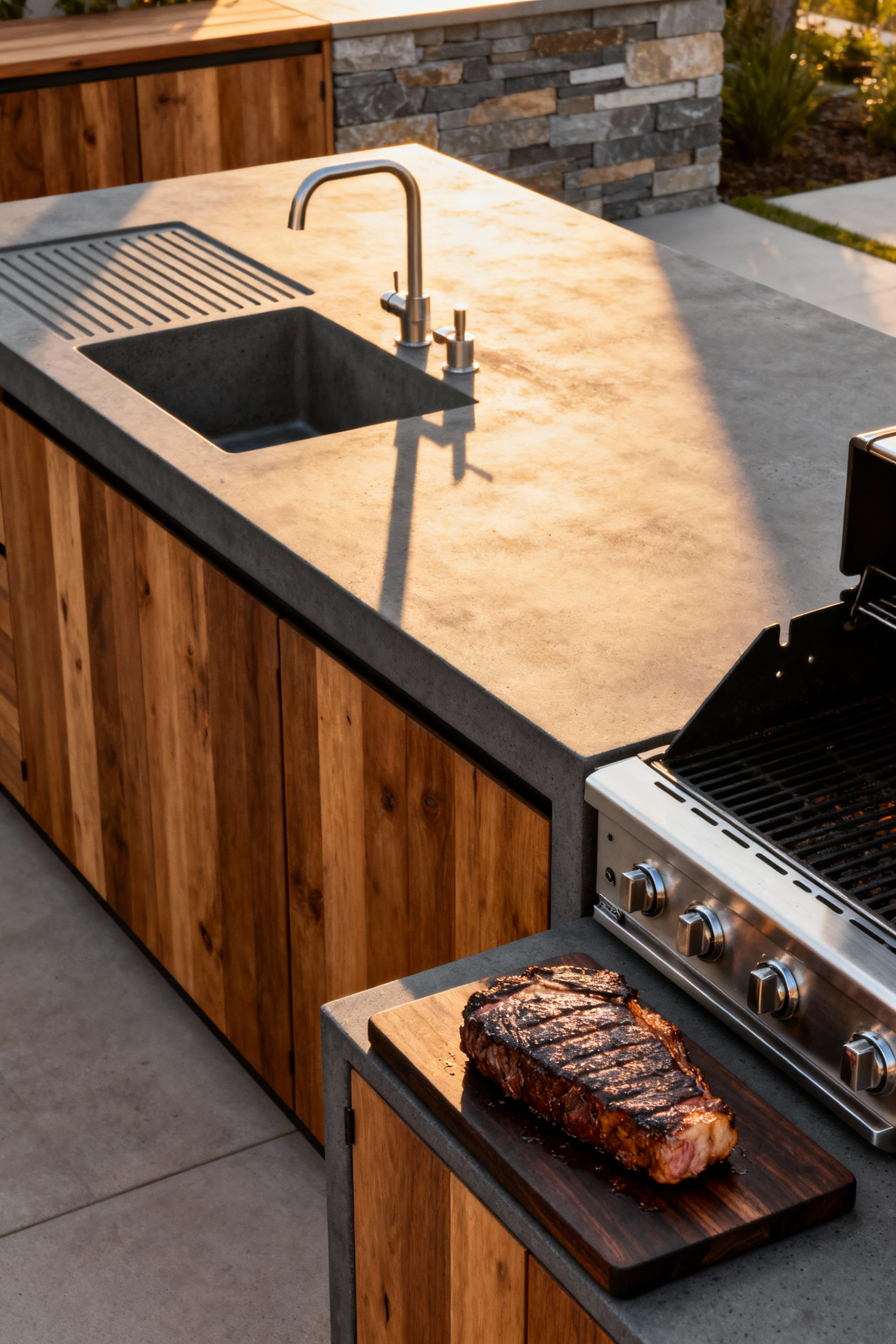 A photograph of a modern outdoor kitchen featuring a seamless, charcoal gray GFRC monolithic concrete countertop with an integrated drainboard and sink, demonstrating durability and high-end contemporary design.
