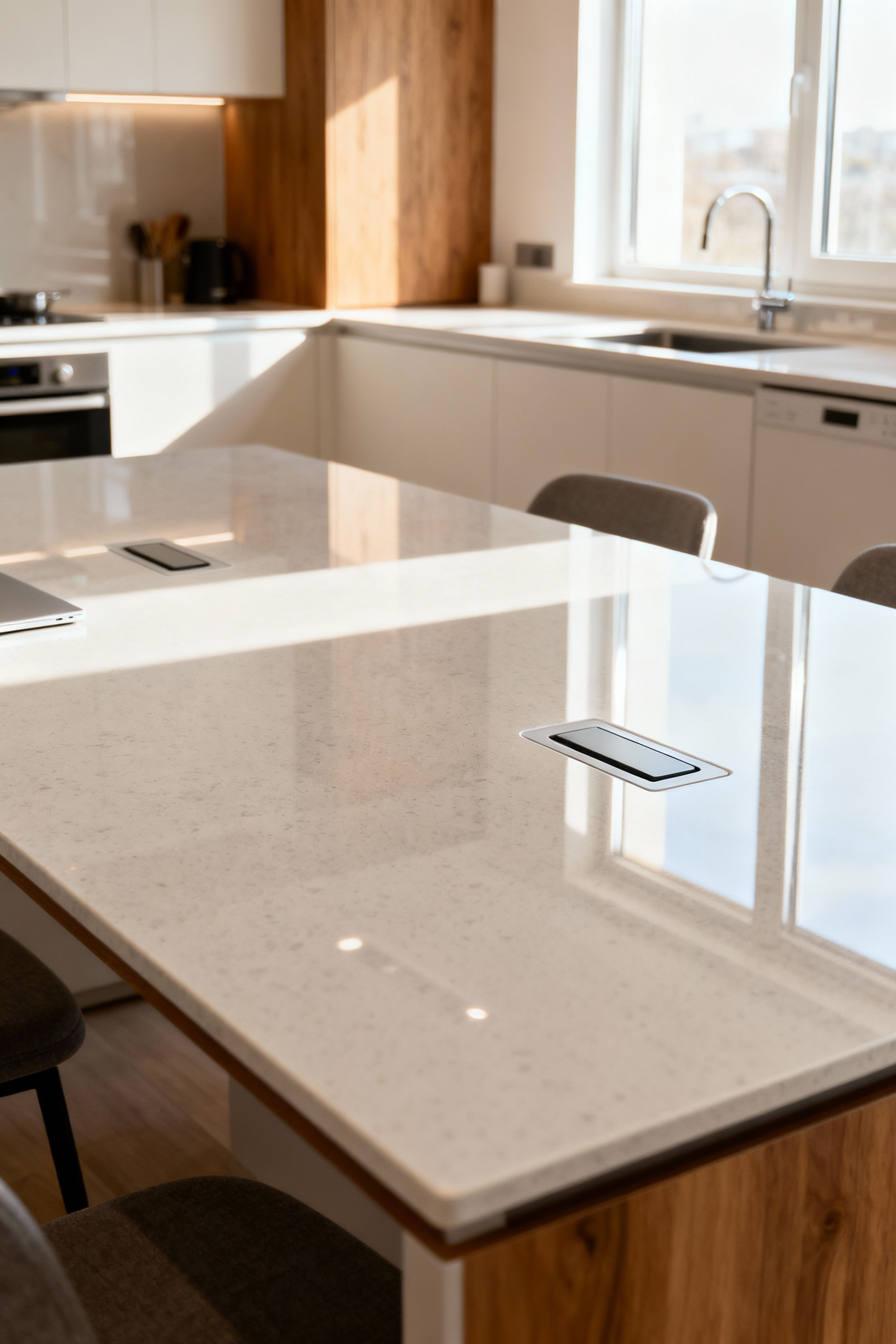 Modern multifunctional kitchen table with sleek design and subtle integrated features, ready for dining, work, or meal prep, in a bright contemporary kitchen setting, no people.