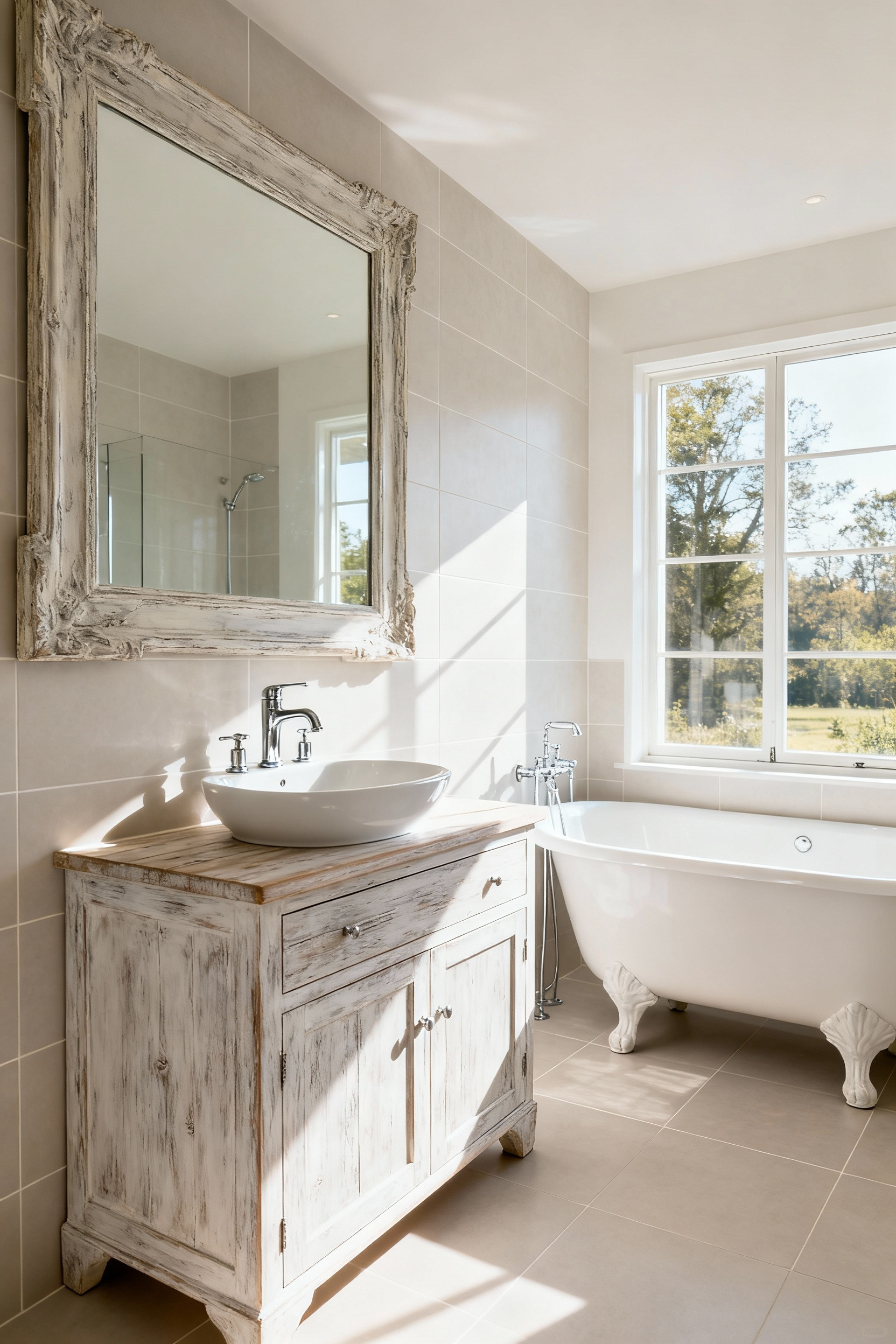 Natural Light Farmhouse Bathroom: Bright interior with a large window, light ceramic tiles, rustic wood vanity, polished mirror, and a white clawfoot tub, all illuminated by abundant natural daylight.