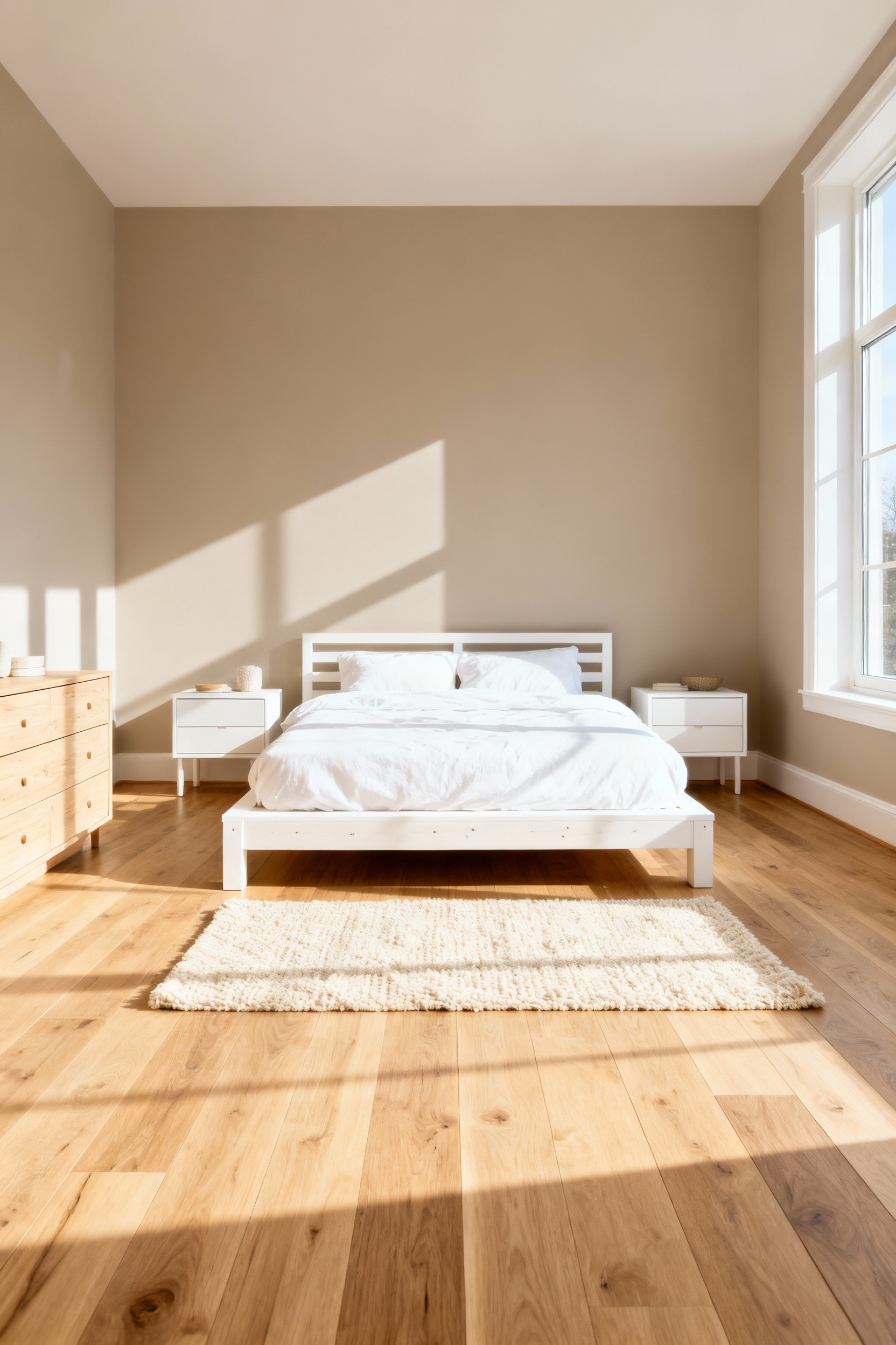 A neutral and timeless children's bedroom featuring light greige walls, oak flooring, and white wooden furniture, designed to transition easily as the child ages.