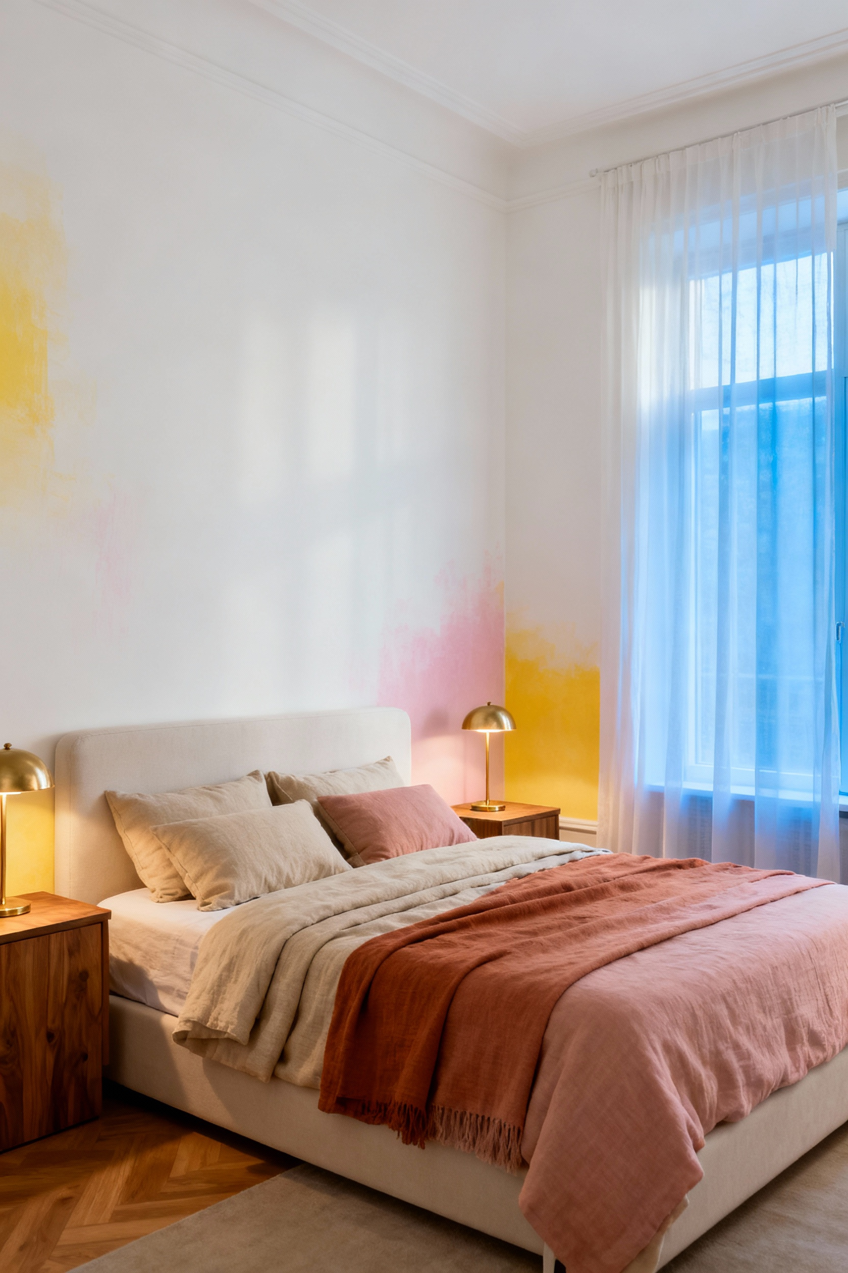 A cozy, north-facing bedroom successfully painted in a warm white with yellow undertones. Soft, cool natural light fills the room, making the layered oatmeal and blush bedding look inviting and serene, preventing the common muddy gray effect of north light.