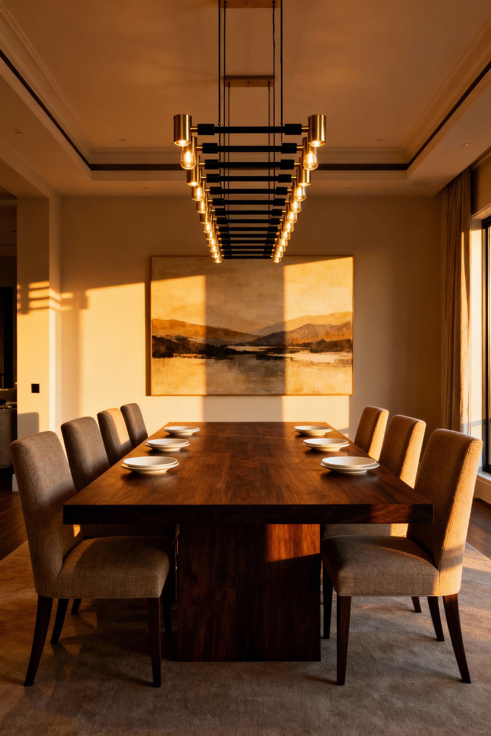 A transitional dining room featuring a long walnut table and an elongated brass chandelier correctly suspended 32 inches above the tabletop, illustrating the ideal height standard for comfortable conversation and clear sightlines.