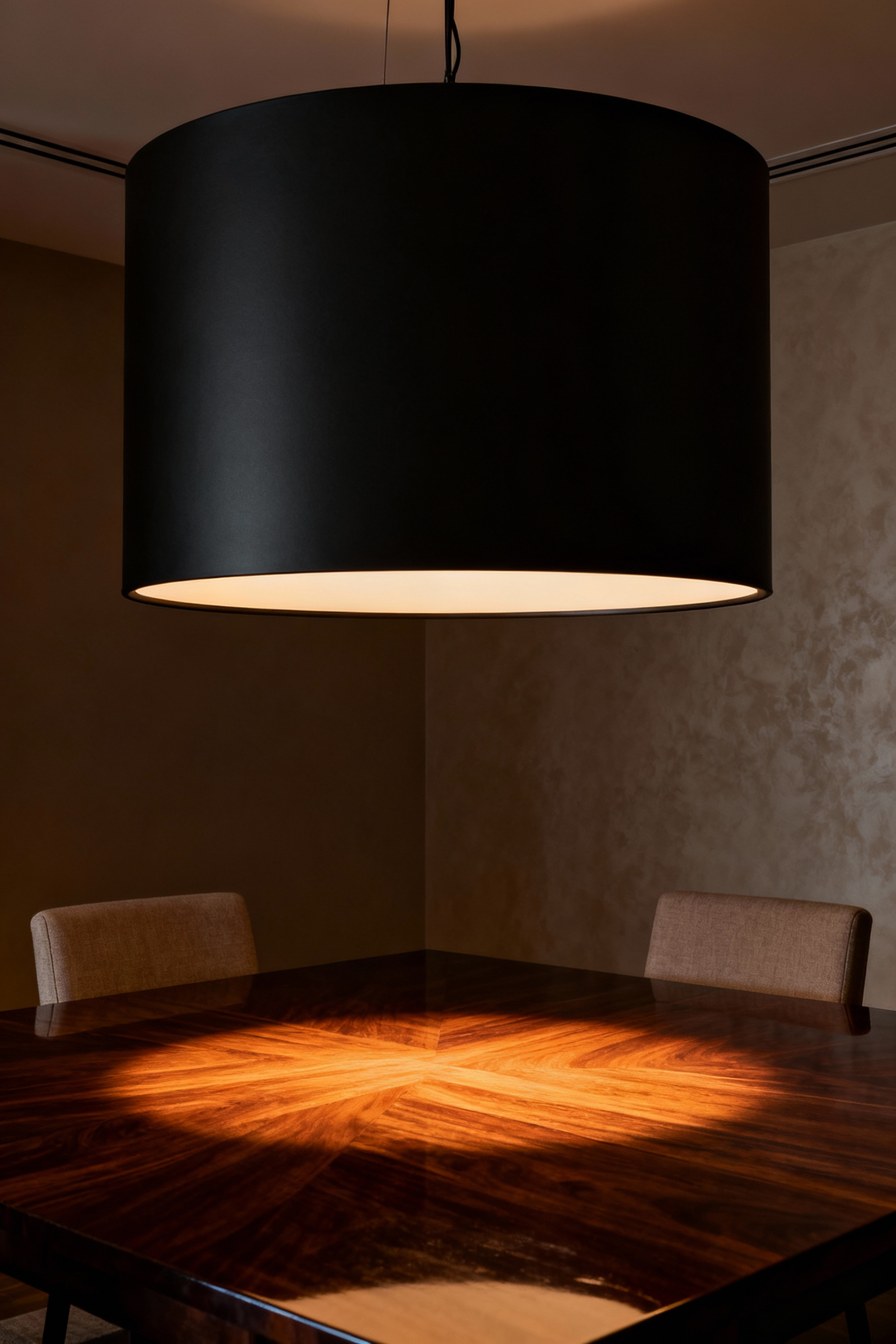 Elegant dining room featuring a perfectly positioned matte black cylindrical pendant light hung at the ideal height to shield guests from uncomfortable glare.