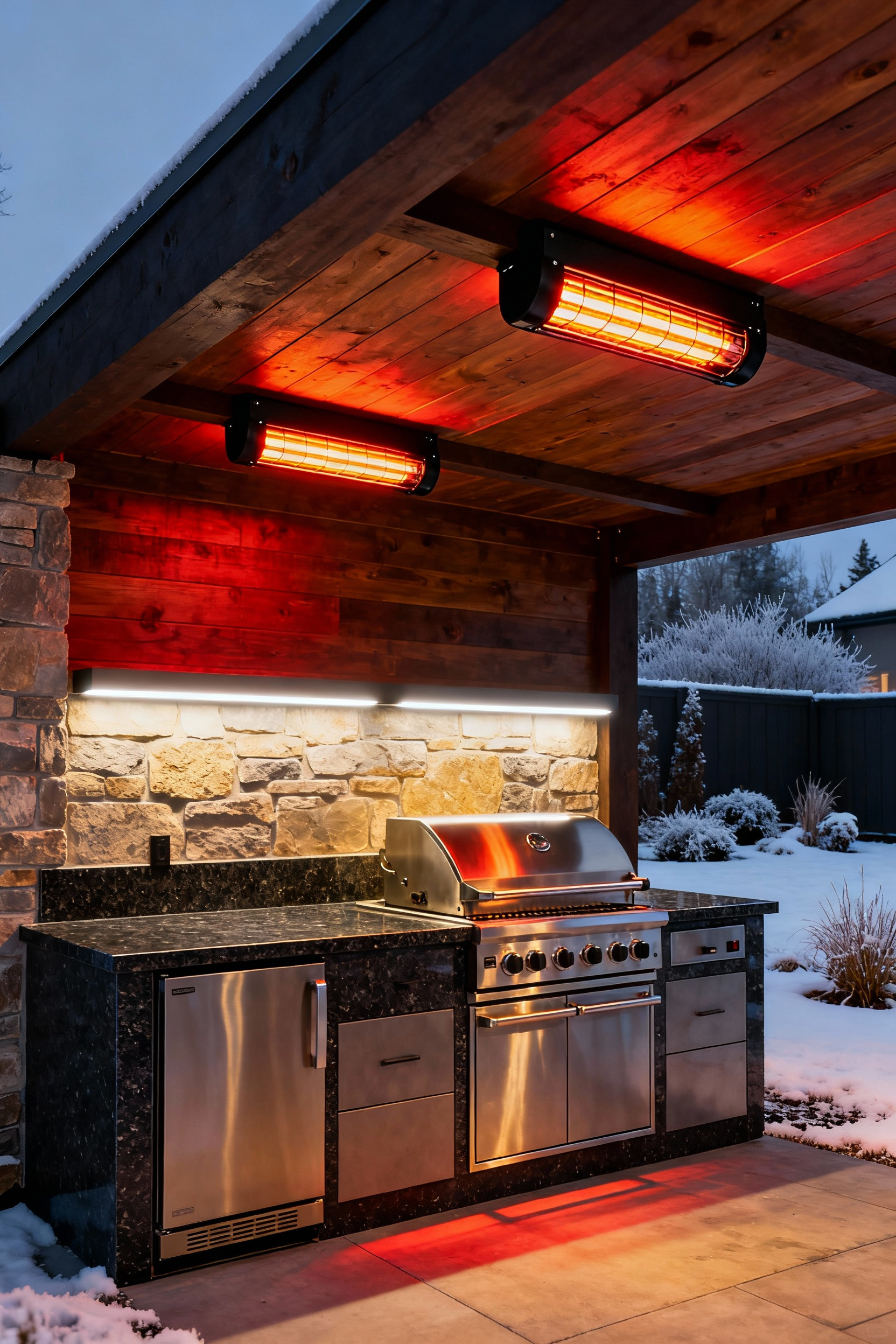 Luxury outdoor kitchen in winter featuring dark granite countertops, stainless steel appliances, and mounted electric infrared heaters installed in the pergola structure for extending the season.