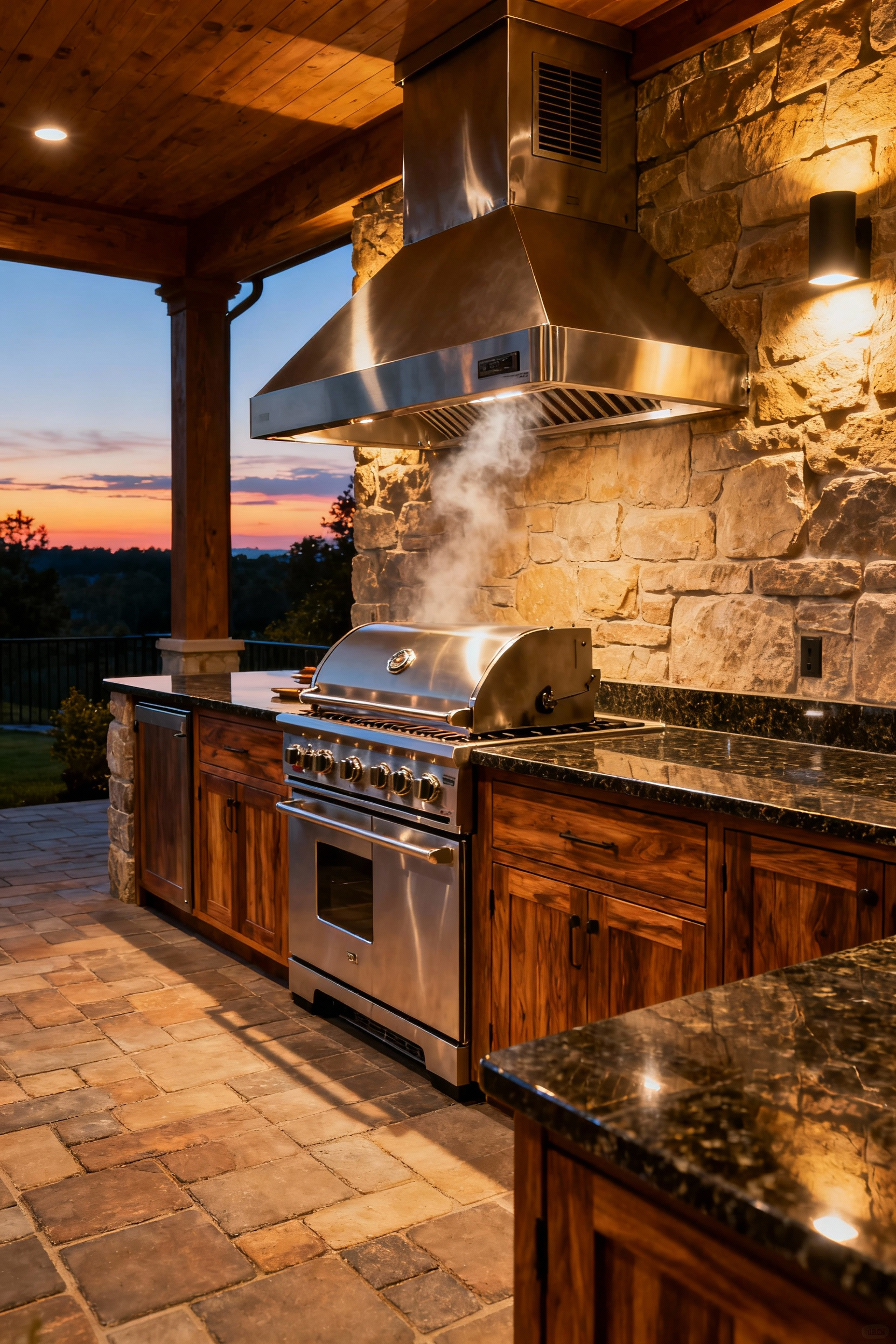 Oversized professional range hood centered precisely over a built-in outdoor grill in a modern, luxury kitchen setup designed for zoned ventilation and effective smoke capture.