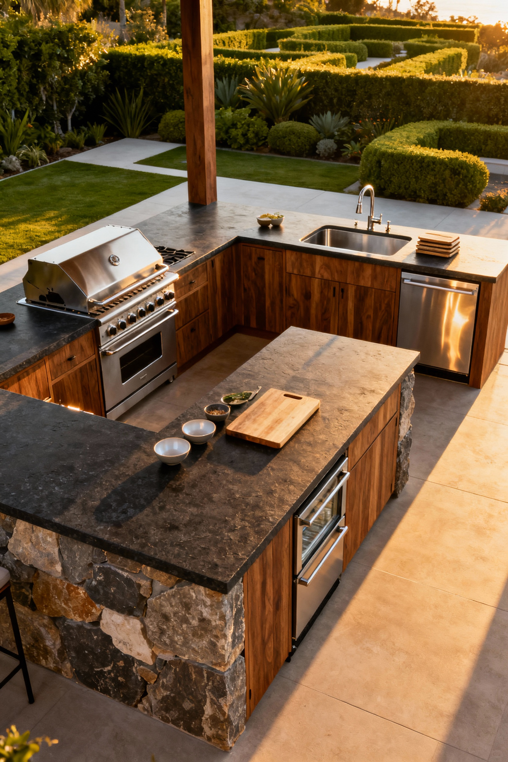 A modern outdoor kitchen layout demonstrating the 'work triangle' flow, connecting the built-in grill, deep sink, and under-counter refrigerator zones for optimal organization and efficiency.