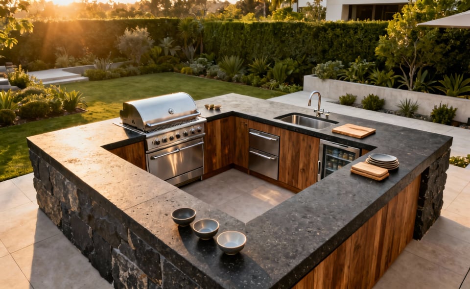 A modern outdoor kitchen layout demonstrating the 'work triangle' flow, connecting the built-in grill, deep sink, and under-counter refrigerator zones for optimal organization and efficiency.