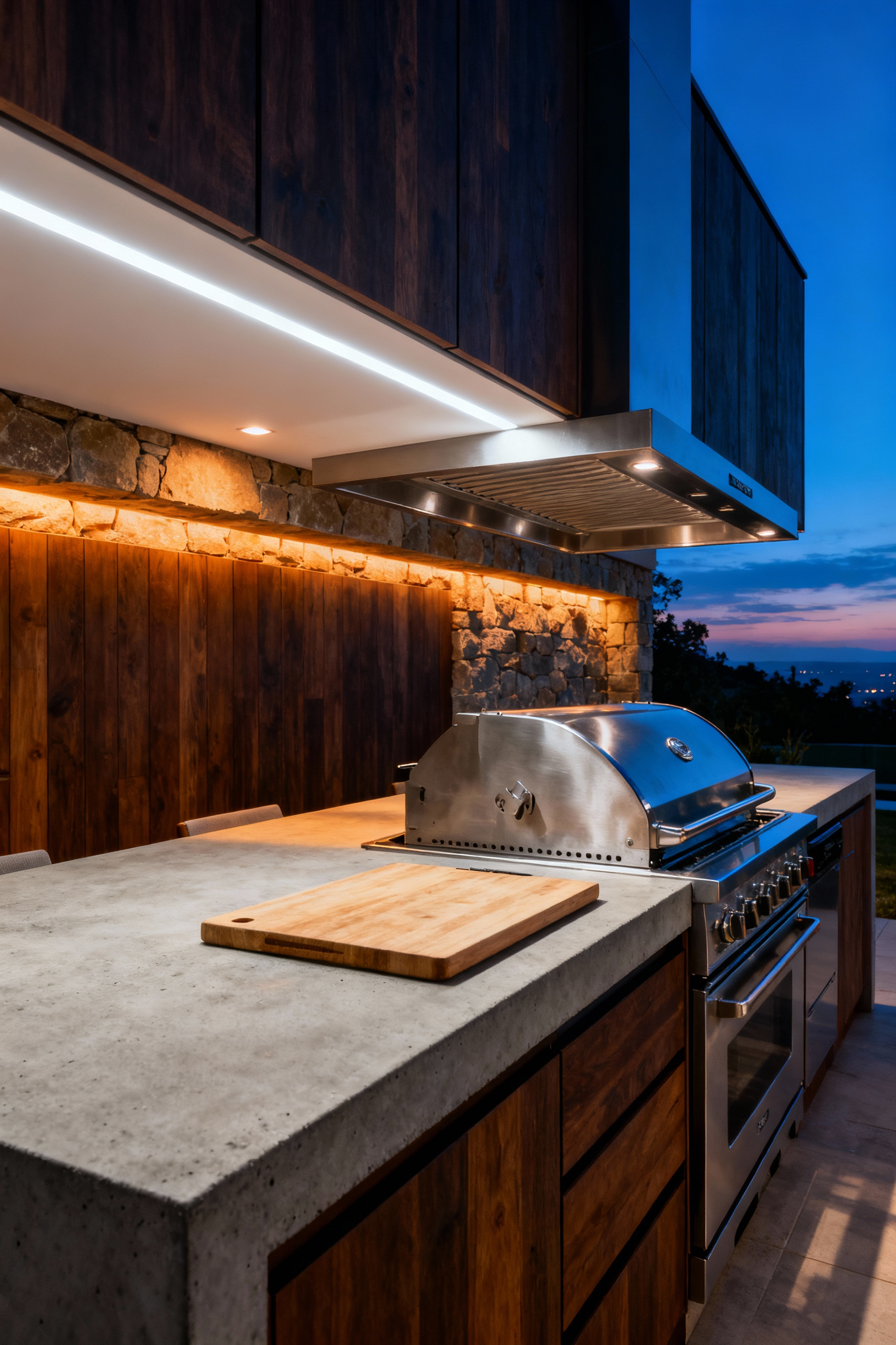 A modern outdoor kitchen at twilight demonstrating a layered illumination strategy, featuring bright, neutral-white task lighting under the cabinets contrasting sharply with soft, warm-golden ambient light from surrounding recessed fixtures.