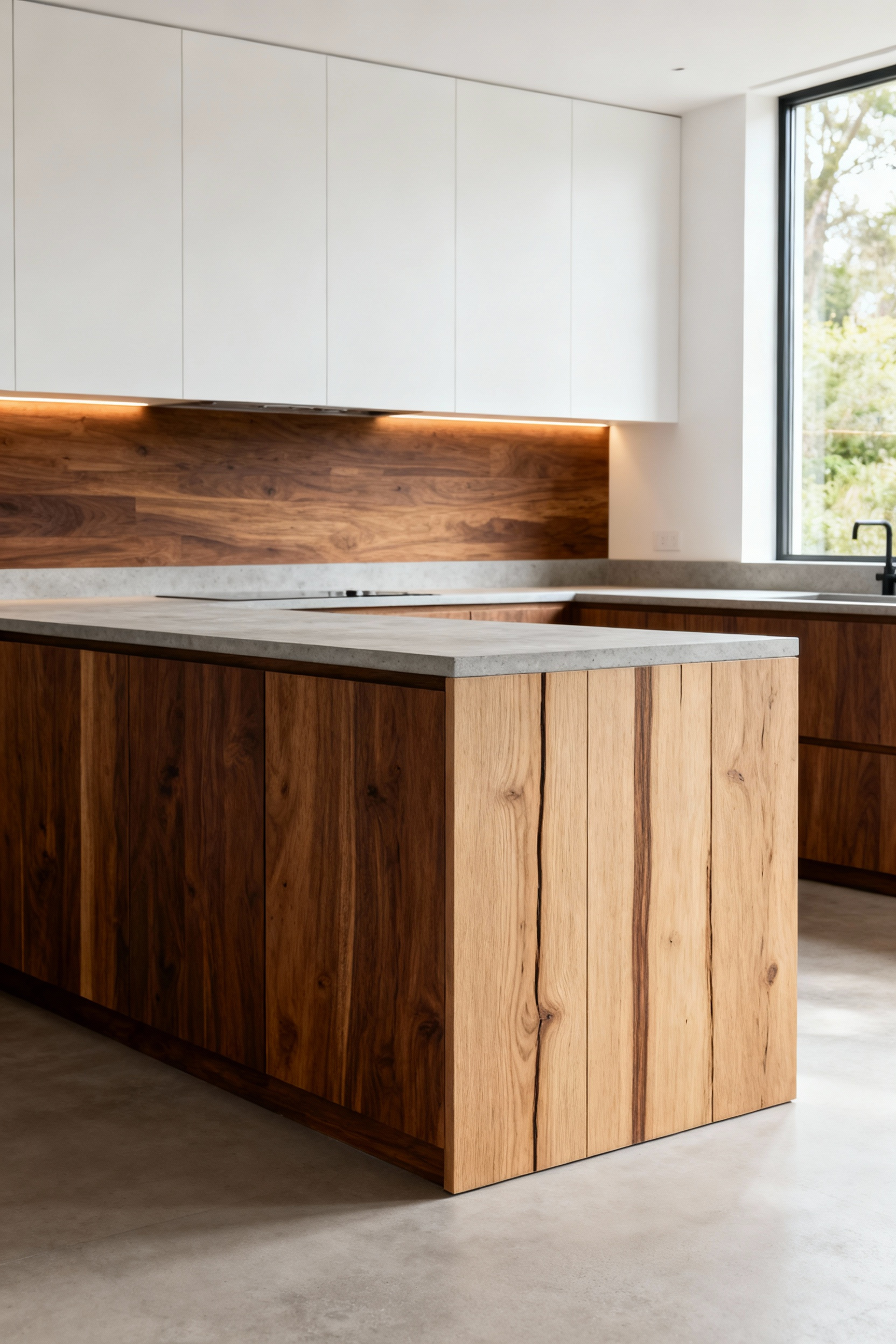 Contemporary kitchen featuring a minimalist design softened by raw Walnut and rift-sawn White Oak cabinetry, matte grey concrete countertops, and abundant natural light.