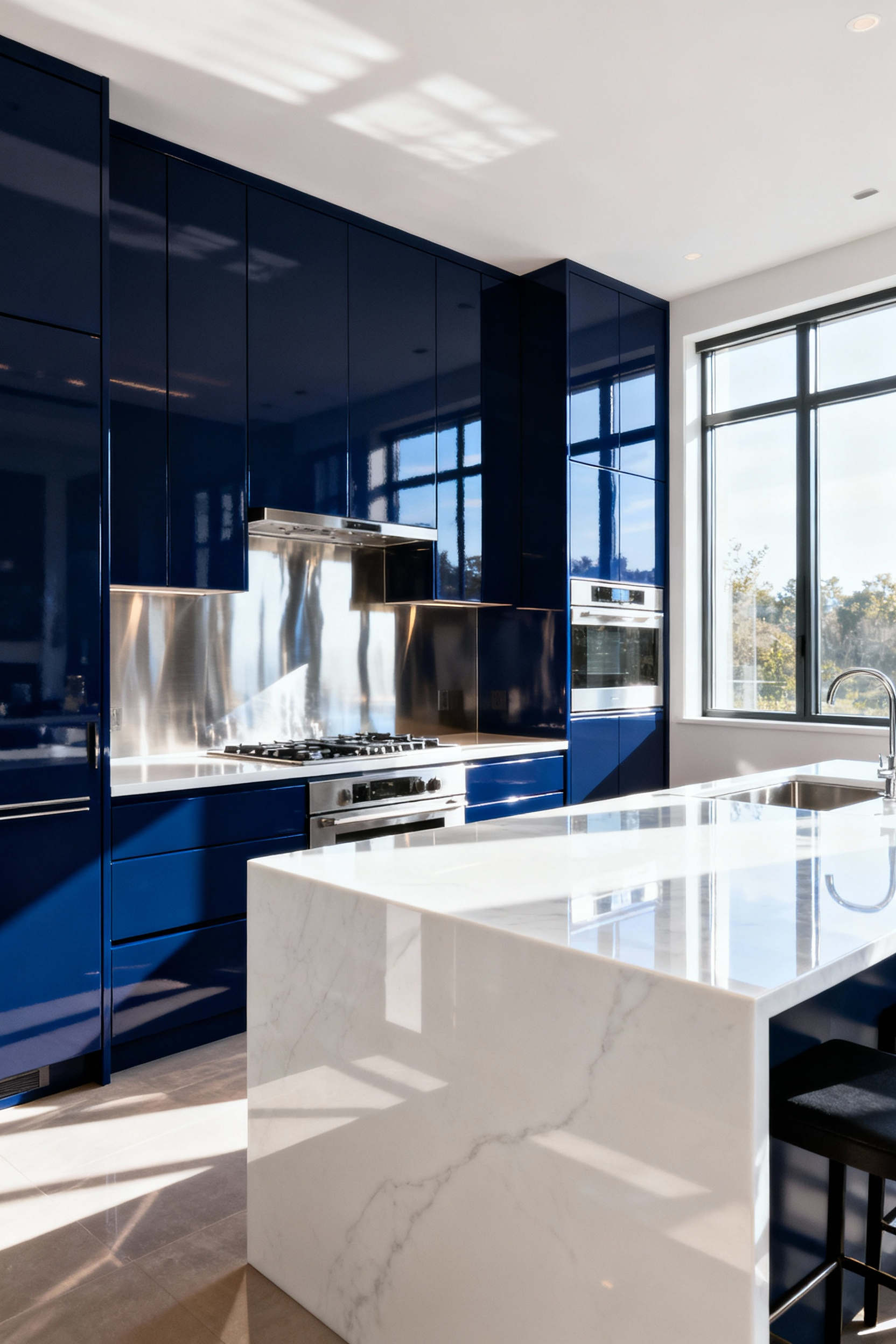 Modern kitchen featuring deep indigo high-gloss cabinets and polished stainless steel backsplash, amplifying light and color through reflective surfaces, creating a bright and expansive feel.