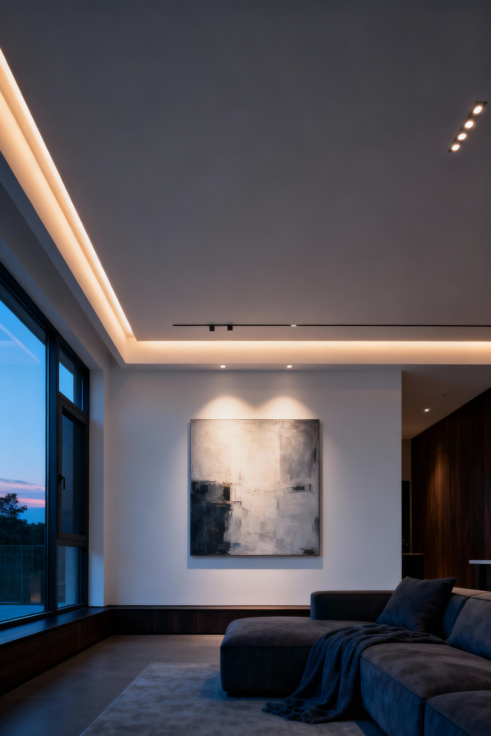 A pristine, modern living room featuring a white ceiling with integrated, discreet recessed lighting casting a soft glow, illuminating an abstract painting on the wall.