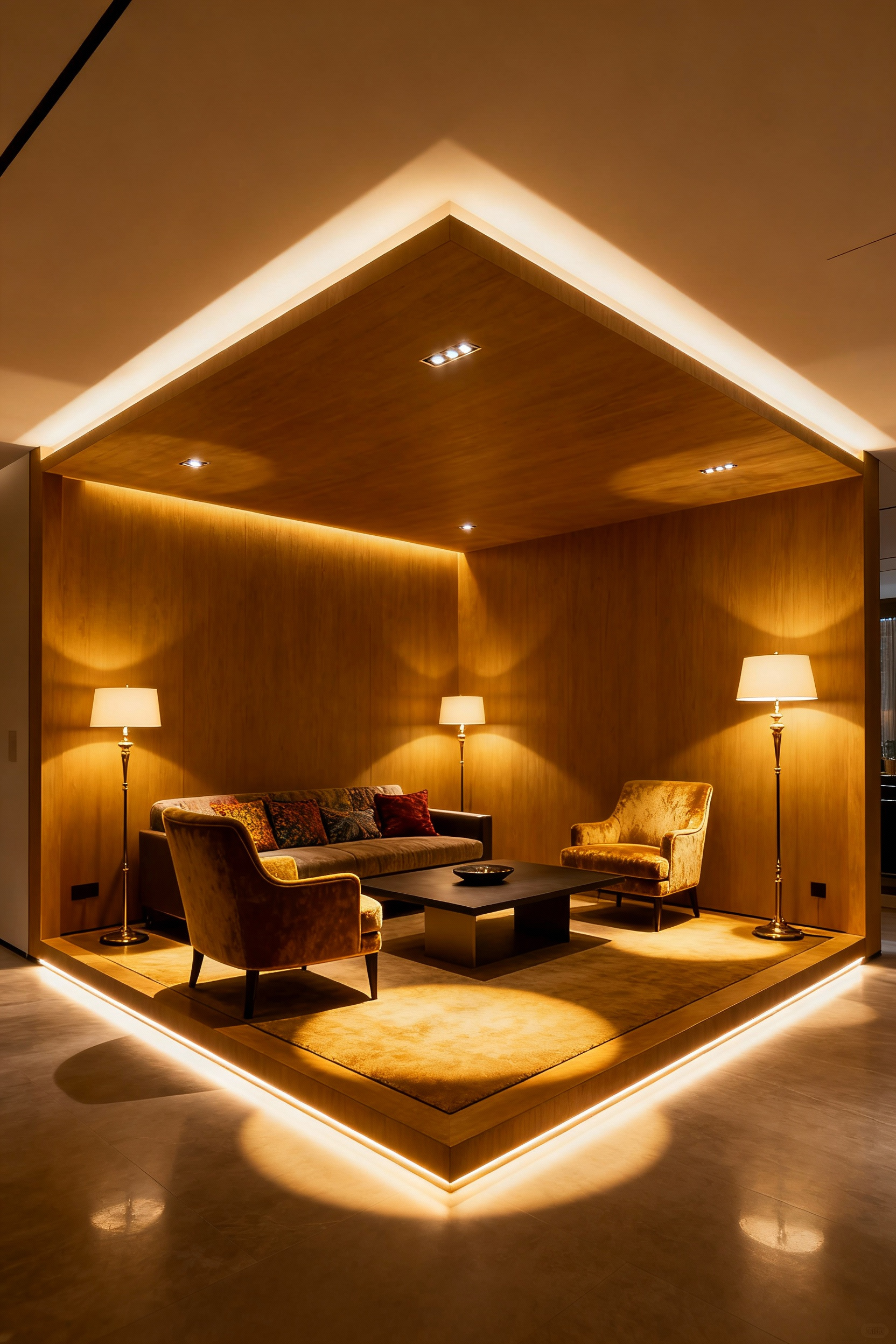 Warmly lit living room conversational niche with layered lighting, showing intimate concentric light pools defining the space around elegant furniture.