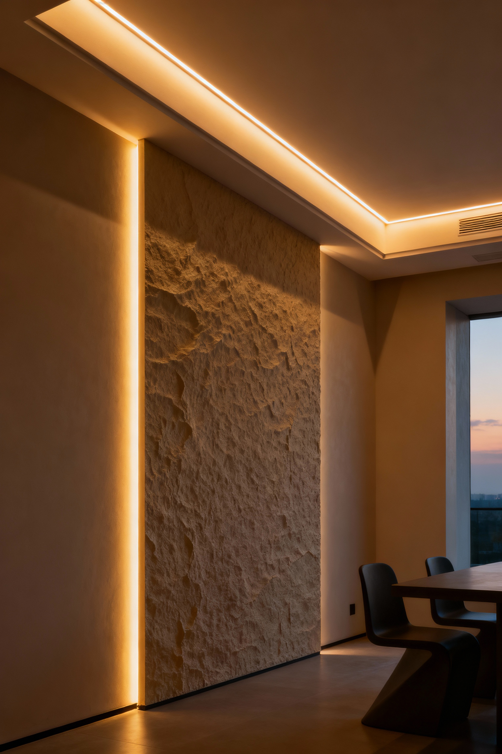 Living room featuring discreetly integrated linear LED strips providing both subtle grazing illumination on a textured wall and soft coving light from a hidden ceiling cove.