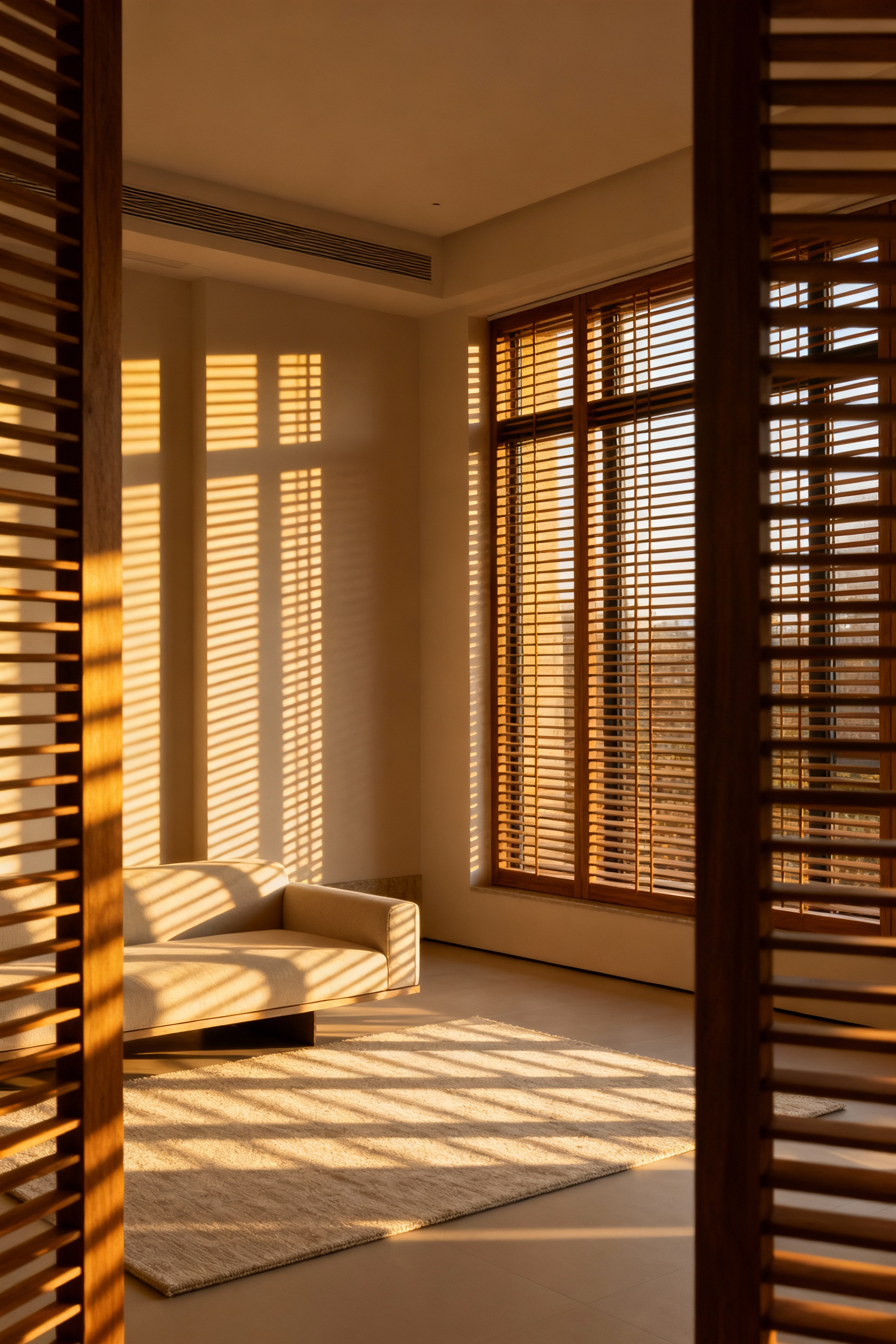 Living room with sophisticated interior fenestration, adjustable wooden louvers modulating bright sunlight, casting artistic shadows and creating a dynamic light environment.