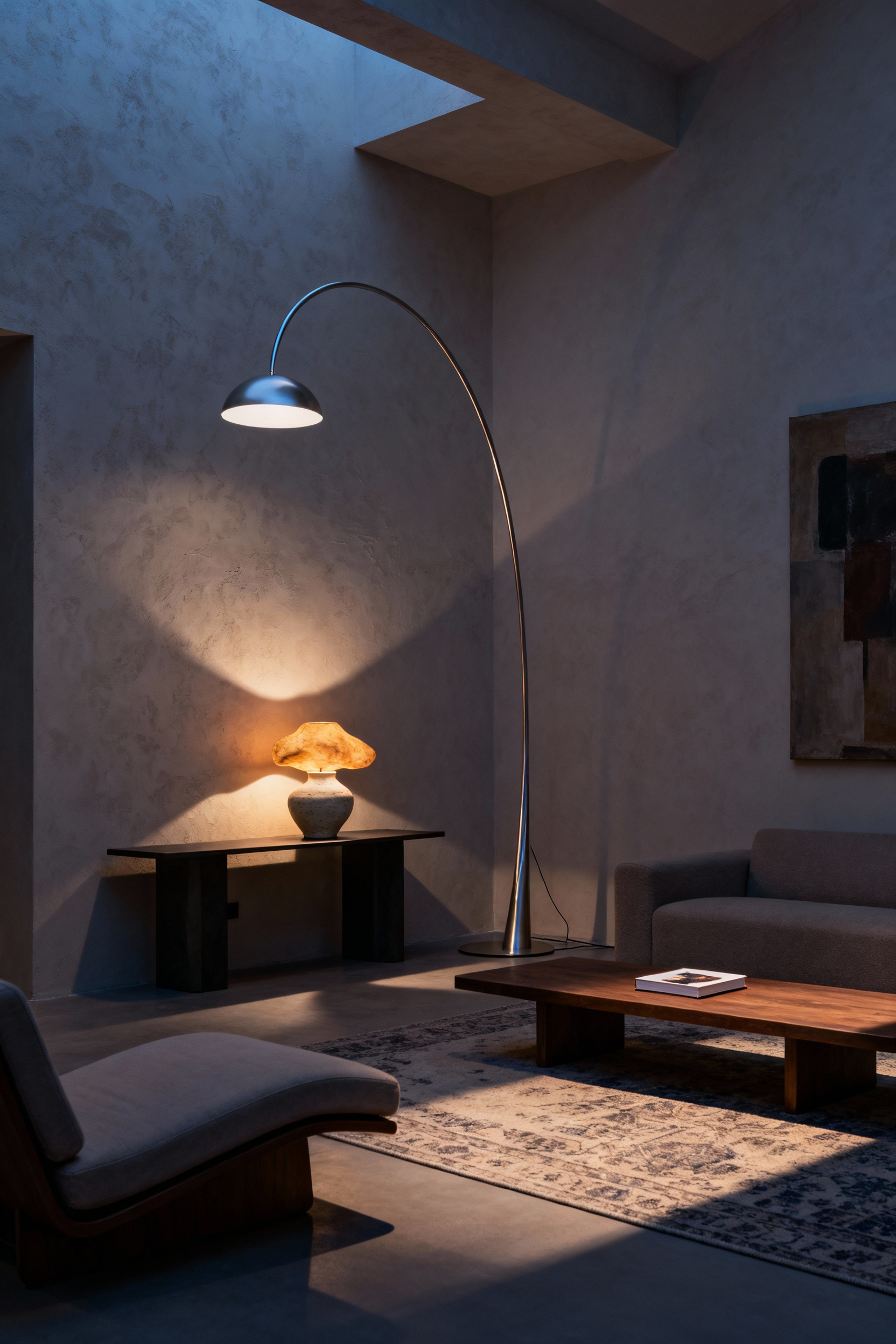 Modern living room featuring a sculptural arc floor lamp and a unique ceramic table lamp, demonstrating artistic and functional lighting design with soft shadows and layered illumination.