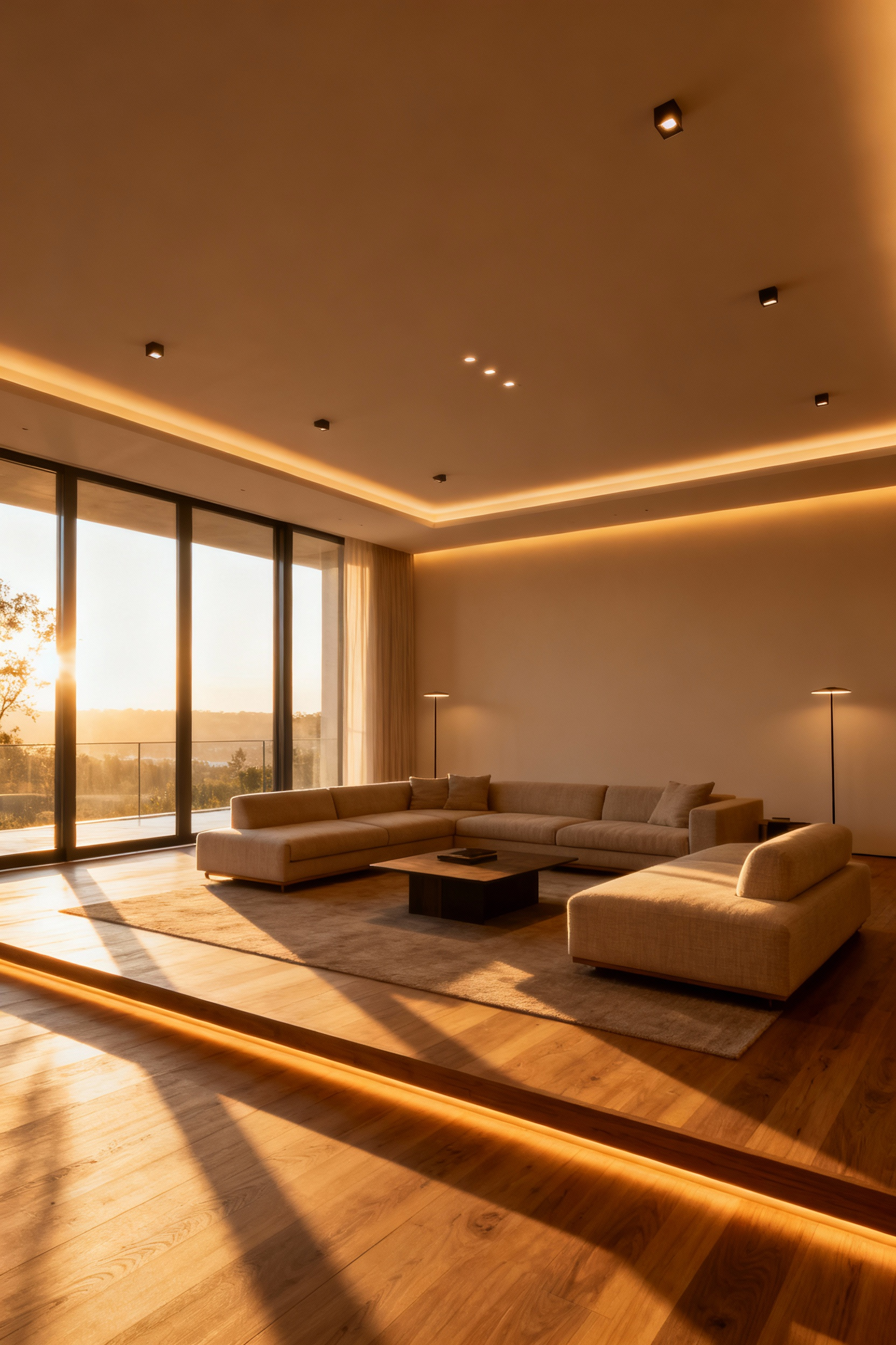 A luxurious, modern living room bathed in the warm, consistent glow of energy-efficient and long-lasting luminaires. The sophisticated design highlights integrated lighting elements contributing to overall ambience.