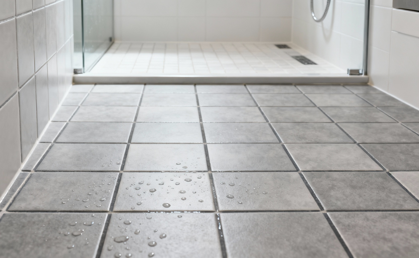 A modern curbless shower floor made of small, matte grey porcelain tiles with visible textured surface and contrasting grout lines, designed for high slip resistance and universal accessibility.