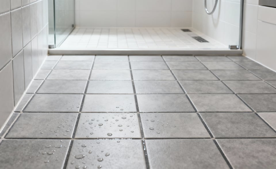 A modern curbless shower floor made of small, matte grey porcelain tiles with visible textured surface and contrasting grout lines, designed for high slip resistance and universal accessibility.