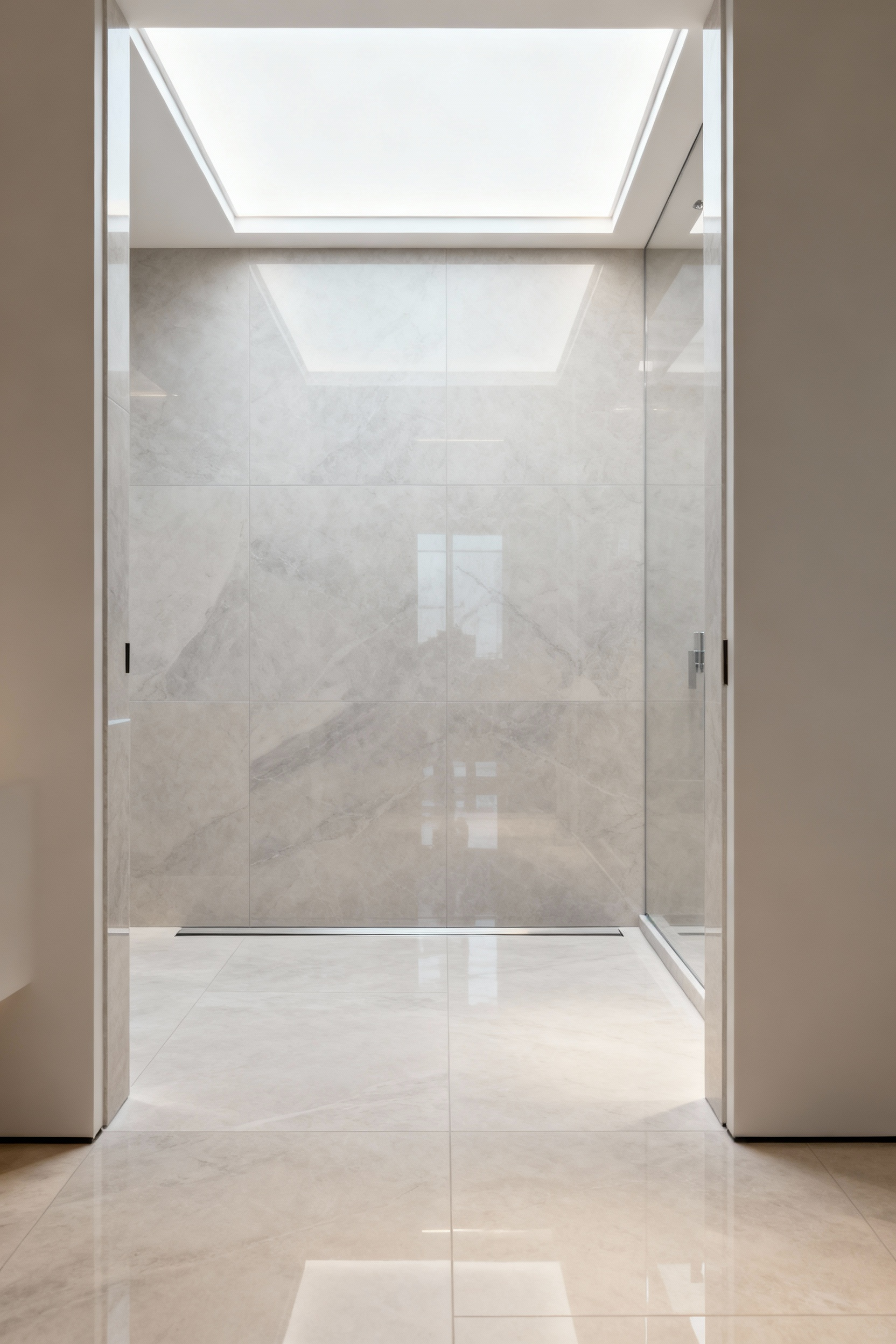 Modern bathroom with large format porcelain tiles on the floor and curbless shower wall, showcasing minimal grout lines and a seamless, clean aesthetic.