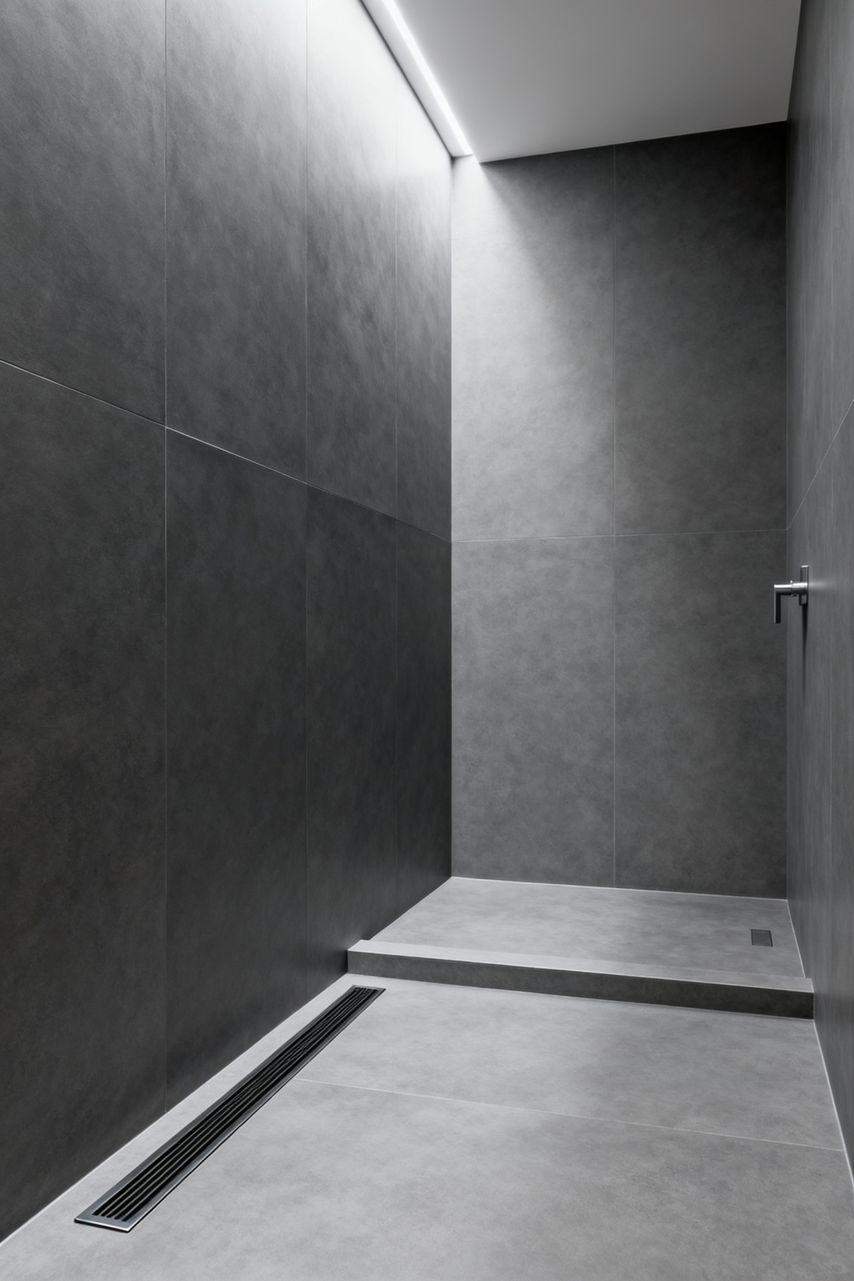 Modern wet room featuring seamless integration of large-format matte grey porcelain wall and floor tiles, a curbless entry, and a subtle linear drain for a cohesive aesthetic.