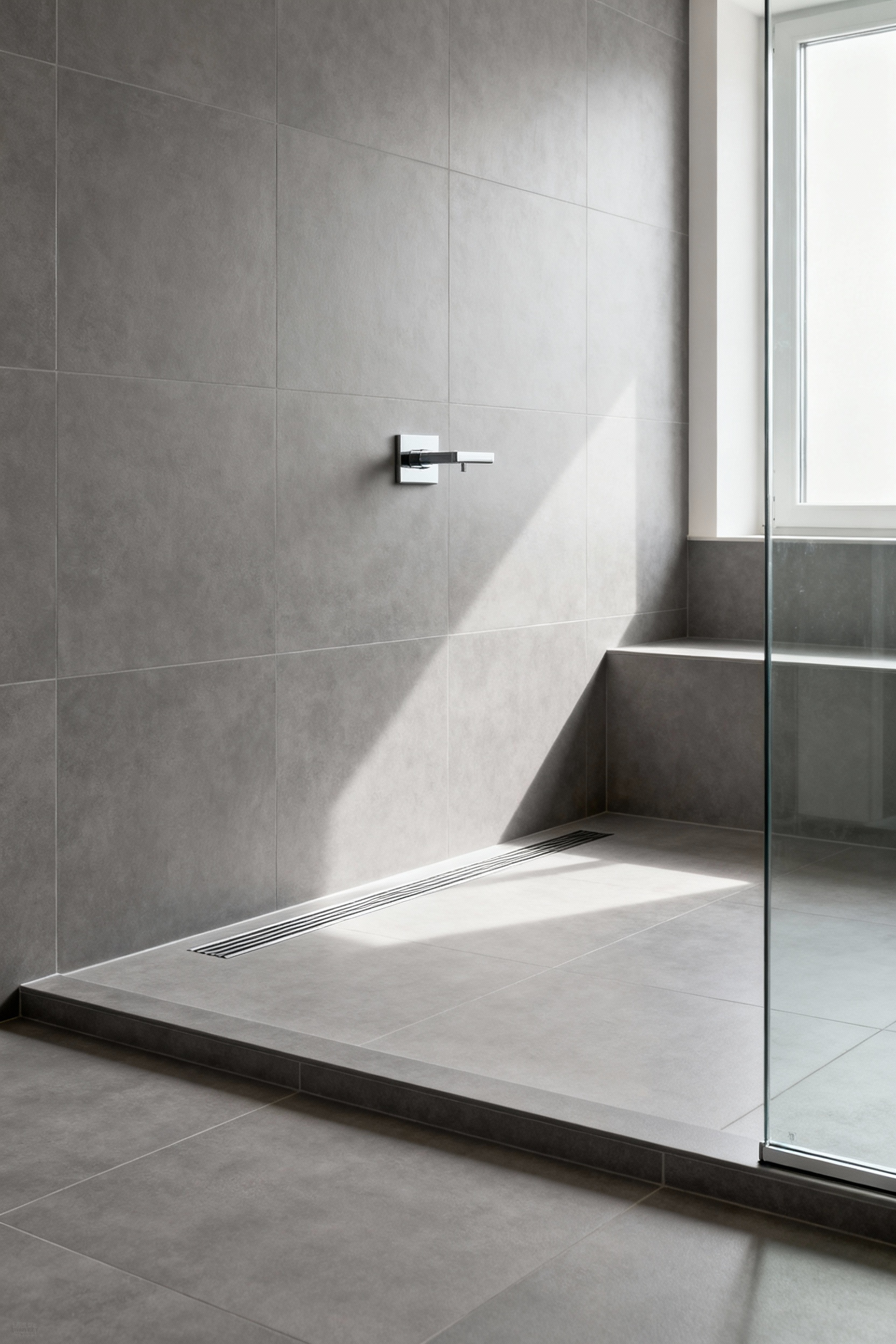 A modern curbless shower with large format tiles, a linear drain, and a seamless floor transition, designed for universal access.