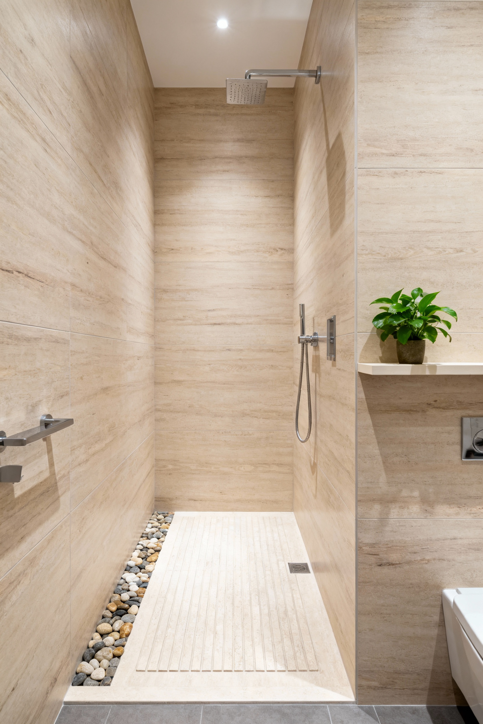 Modern bathroom with biophilic wood-grain porcelain tiles and a pebble mosaic accent in a curbless shower, promoting natural patterns for well-being and universal design.
