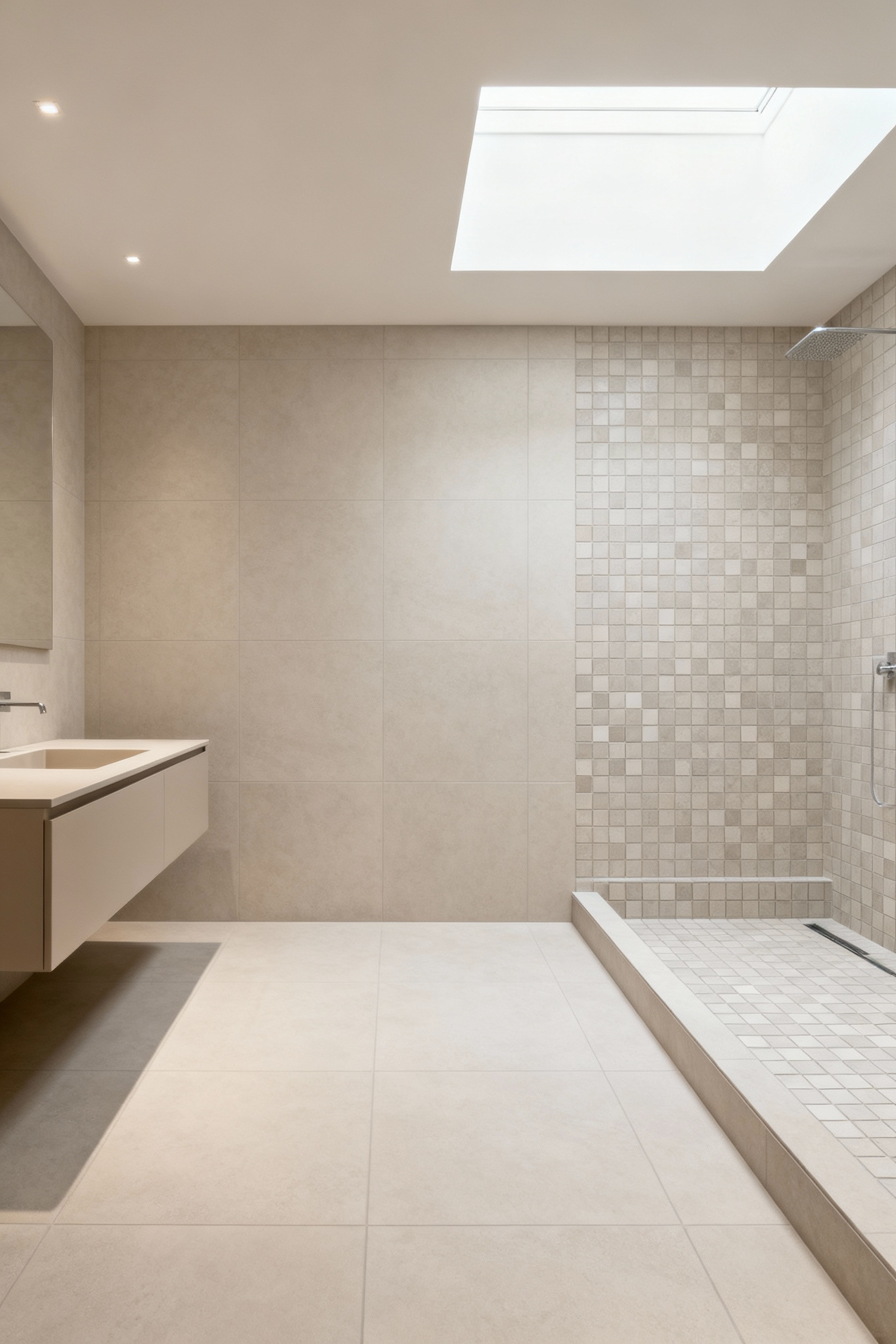 A modern, universally designed bathroom featuring cohesive tiling. Large-format light grey porcelain tiles on the floor and walls transition seamlessly into smaller, matching mosaic tiles within a curbless shower, creating a unified and accessible aesthetic.