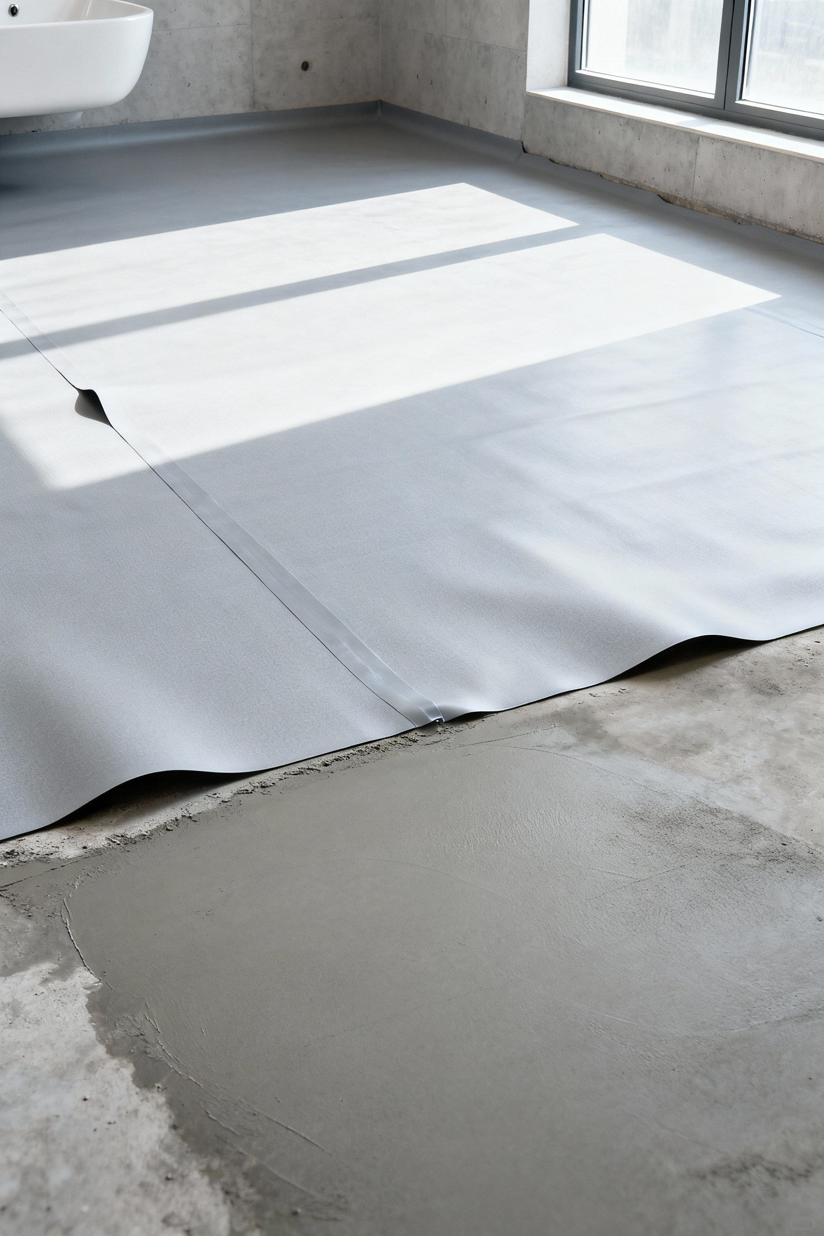 Close-up of a grey anti-fracture membrane laid perfectly over a smooth concrete bathroom floor, preparing for tile installation, preventing cracks and ensuring structural integrity.