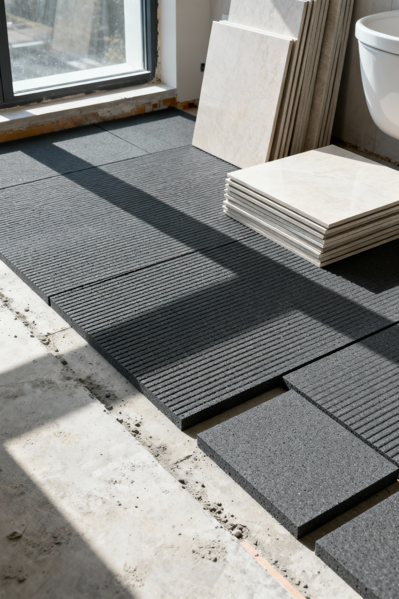 A detailed view of a sound-dampening underlayment installed on a subfloor in a bathroom under construction, ready for hard tile surfaces.