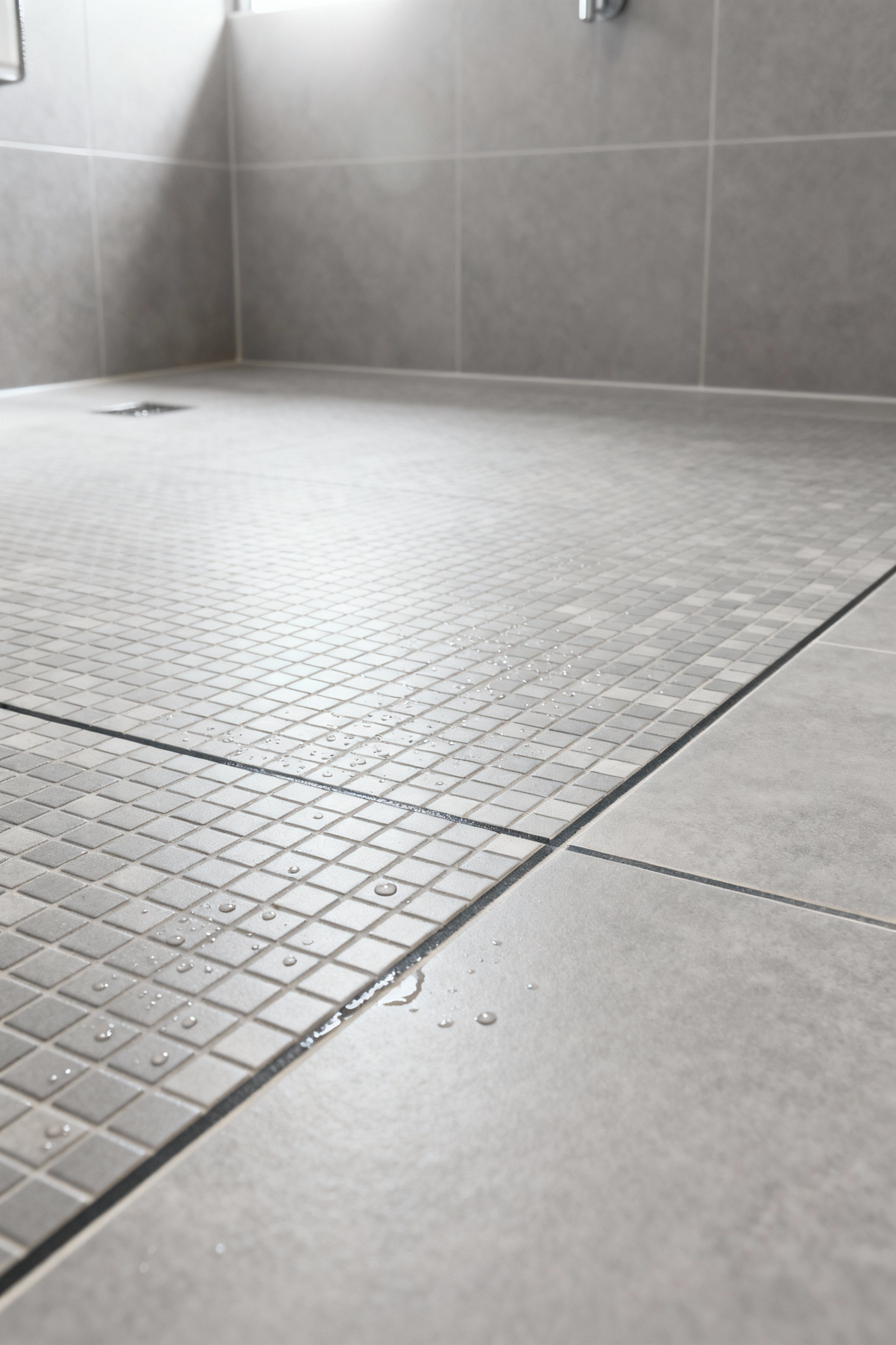 A modern curbless shower floor made of small, matte grey porcelain tiles with visible textured surface and contrasting grout lines, designed for high slip resistance and universal accessibility.