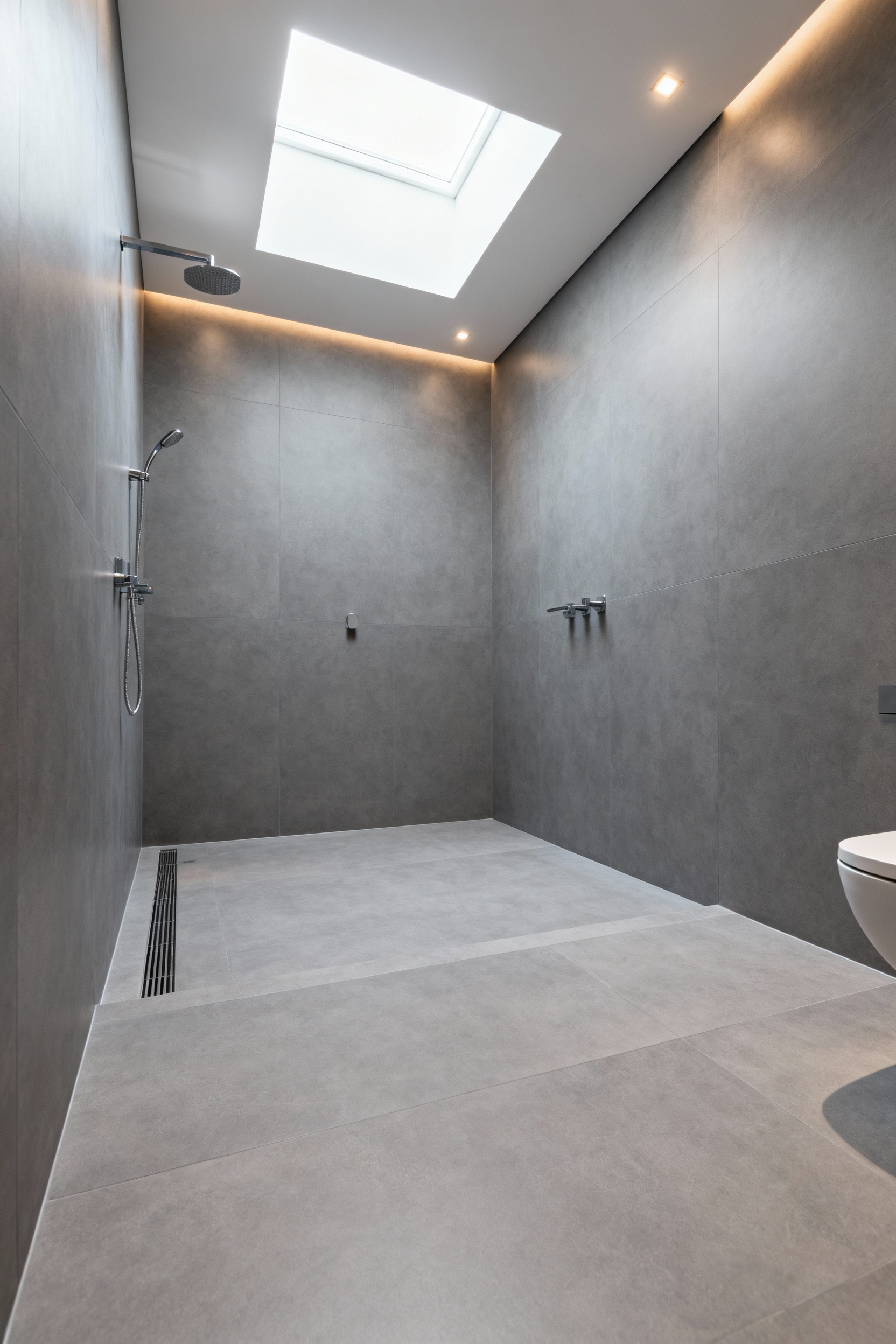 Modern bathroom with seamless adaptive tile system, curbless shower, and large-format gray tiles, designed for universal access and future mobility.