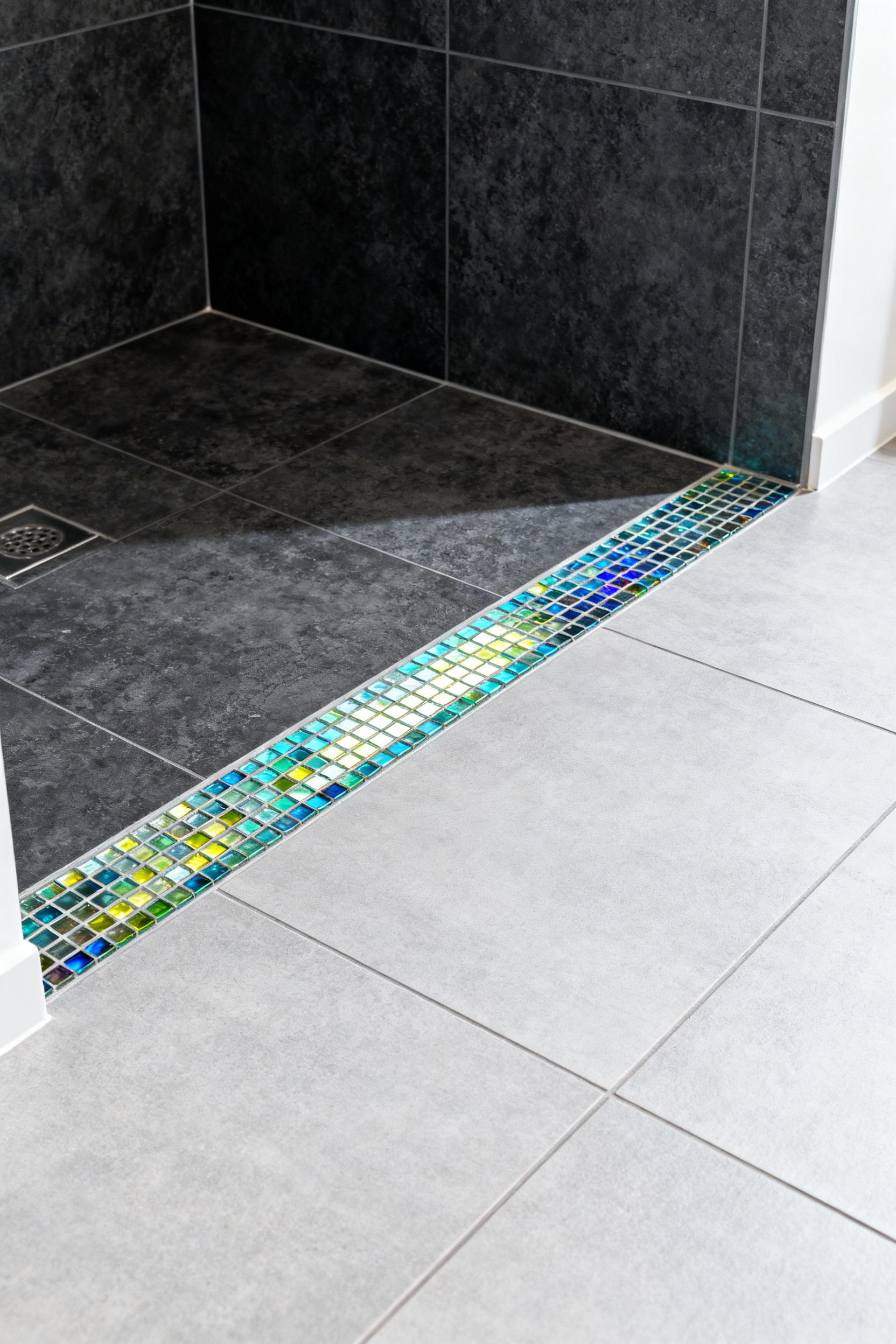 A modern bathroom floor demonstrating visual clarity with contrasting light grey and dark charcoal textured tiles at a curbless shower entry, enhanced by a brightly colored accent strip, for improved orientation and safety.