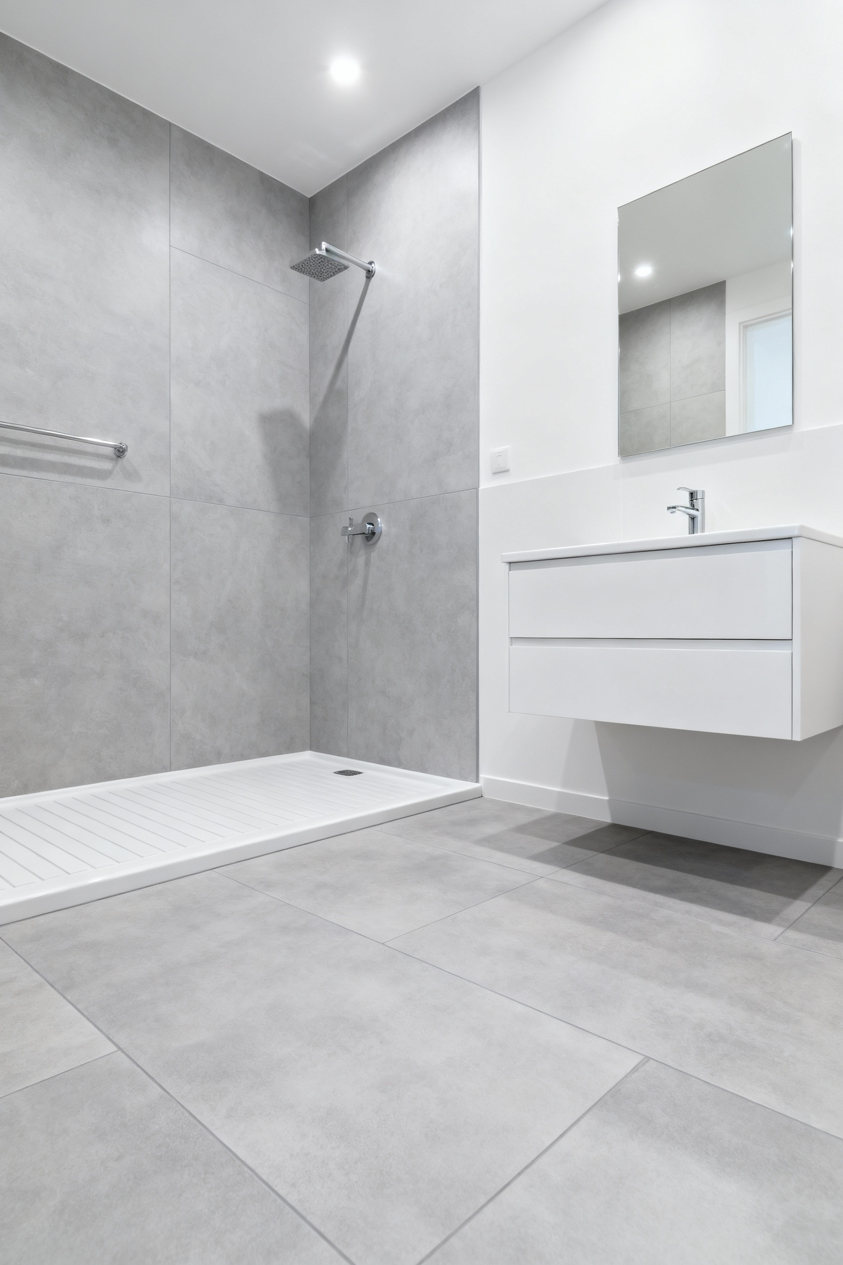 A modern bathroom featuring large format, high-traction durable tiles and a curbless shower, designed for sustainability and accessibility, illustrating long-term value and smart investment.