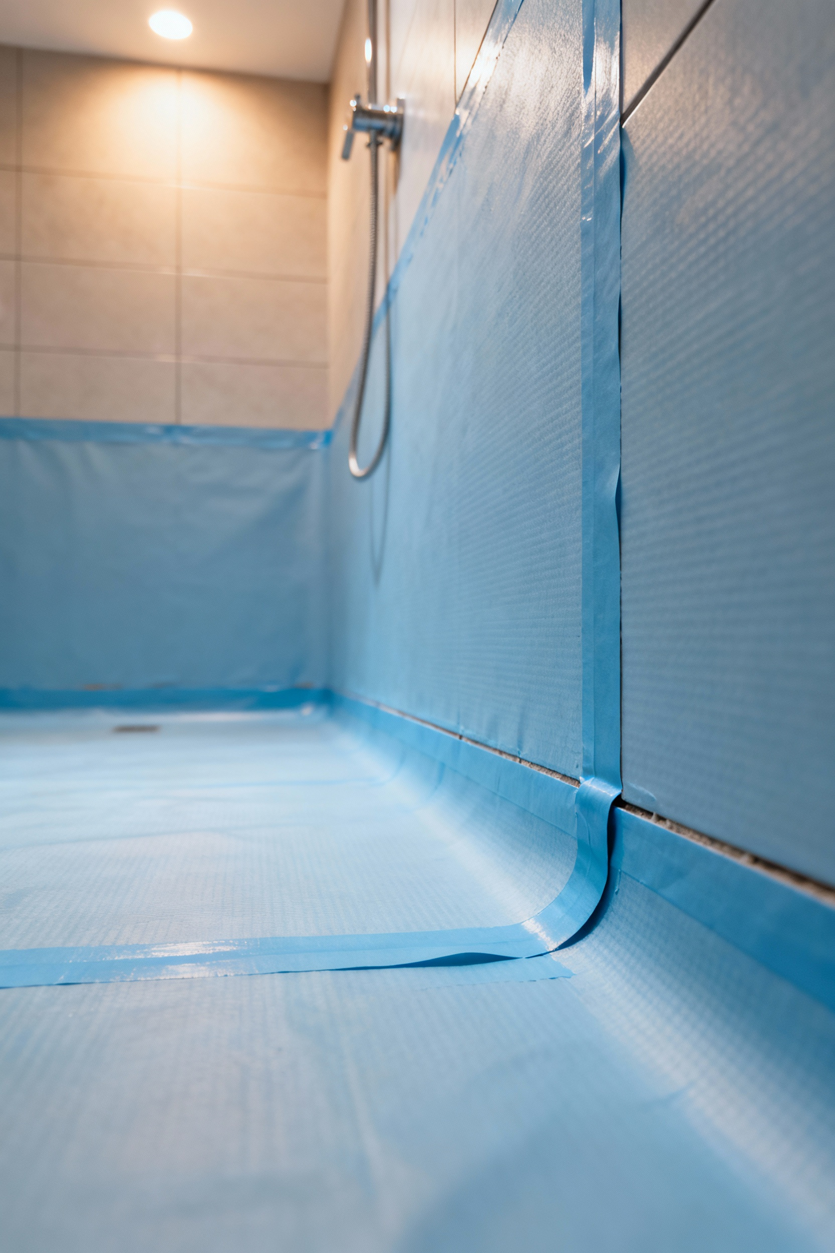 Detailed view of a seamless blue sheet waterproofing membrane applied to a bathroom shower wall and floor, emphasizing sealed corners for moisture protection and long-term durability.