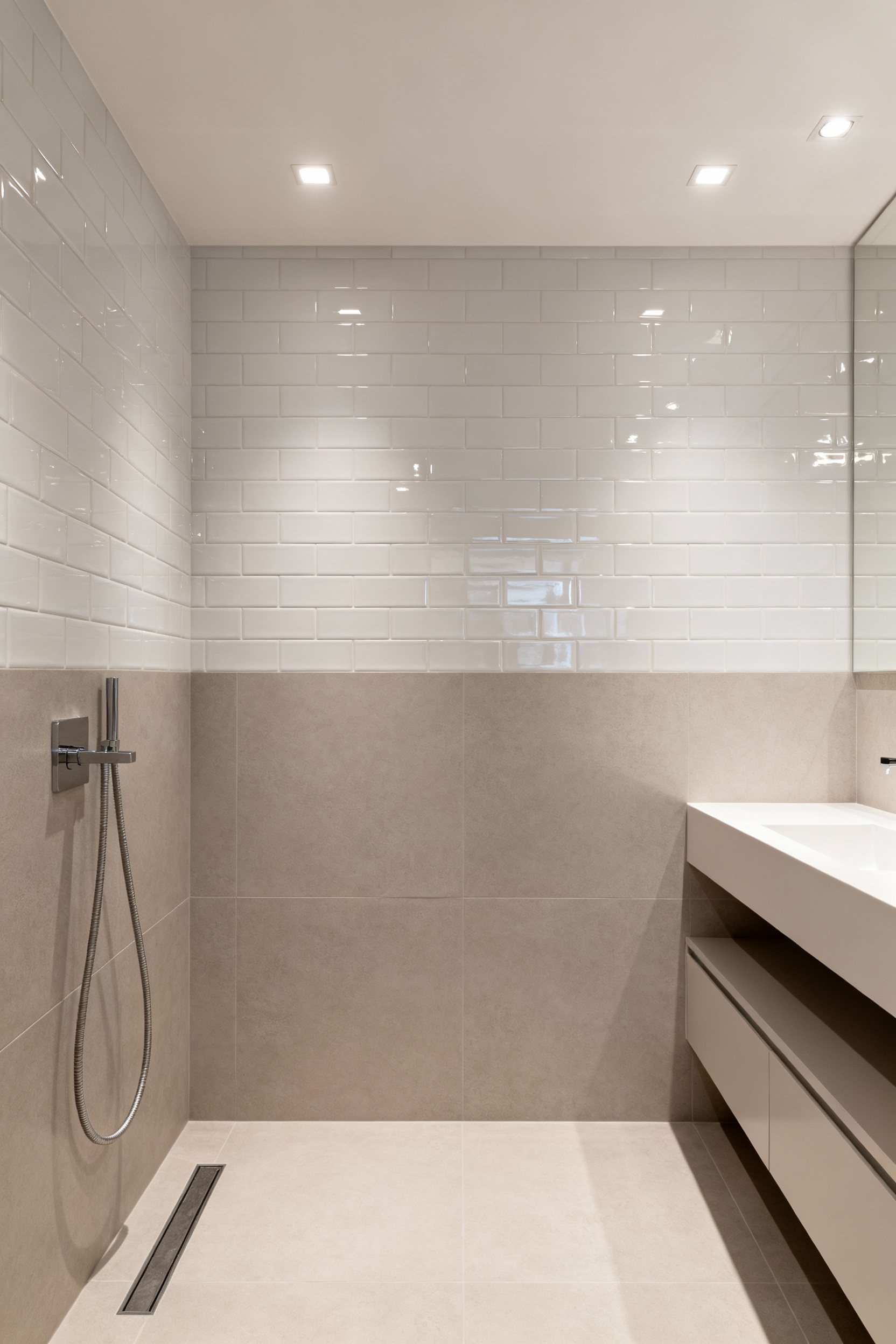 Modern bathroom showcasing large matte tiles on the floor and glossy accent tiles on walls, designed for subtle textural depth and reduced glare in universal design.