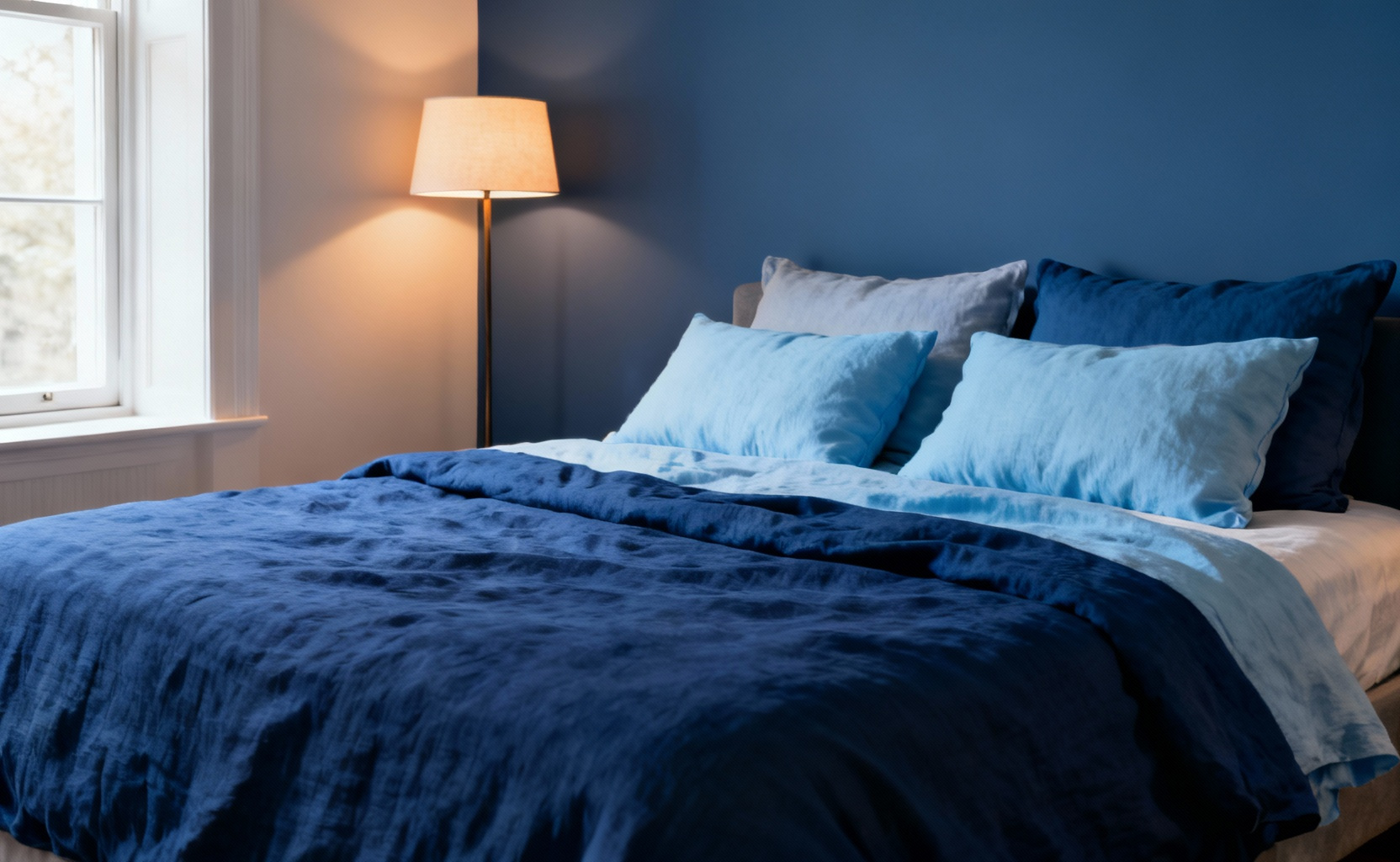 Bedroom with sapphire blue bedding and accent wall, demonstrating psychological impact of blue on serenity.