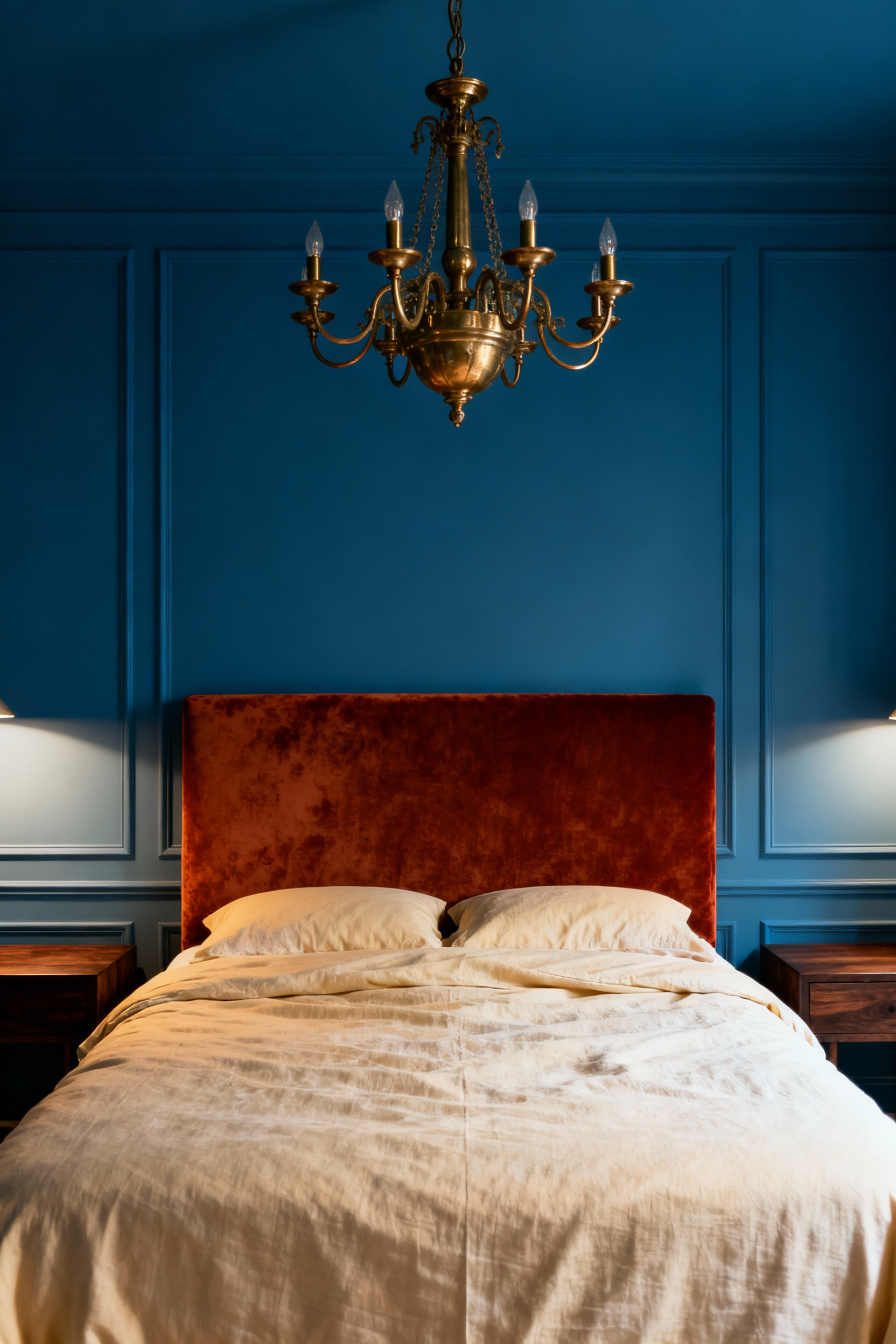 A luxurious bedroom with deep cerulean blue walls, an antique brass chandelier, a rust-colored velvet headboard, dark walnut bedside tables, and creamy linen bedding, showcasing the balance of cool blue with warm metallics and earth tones.