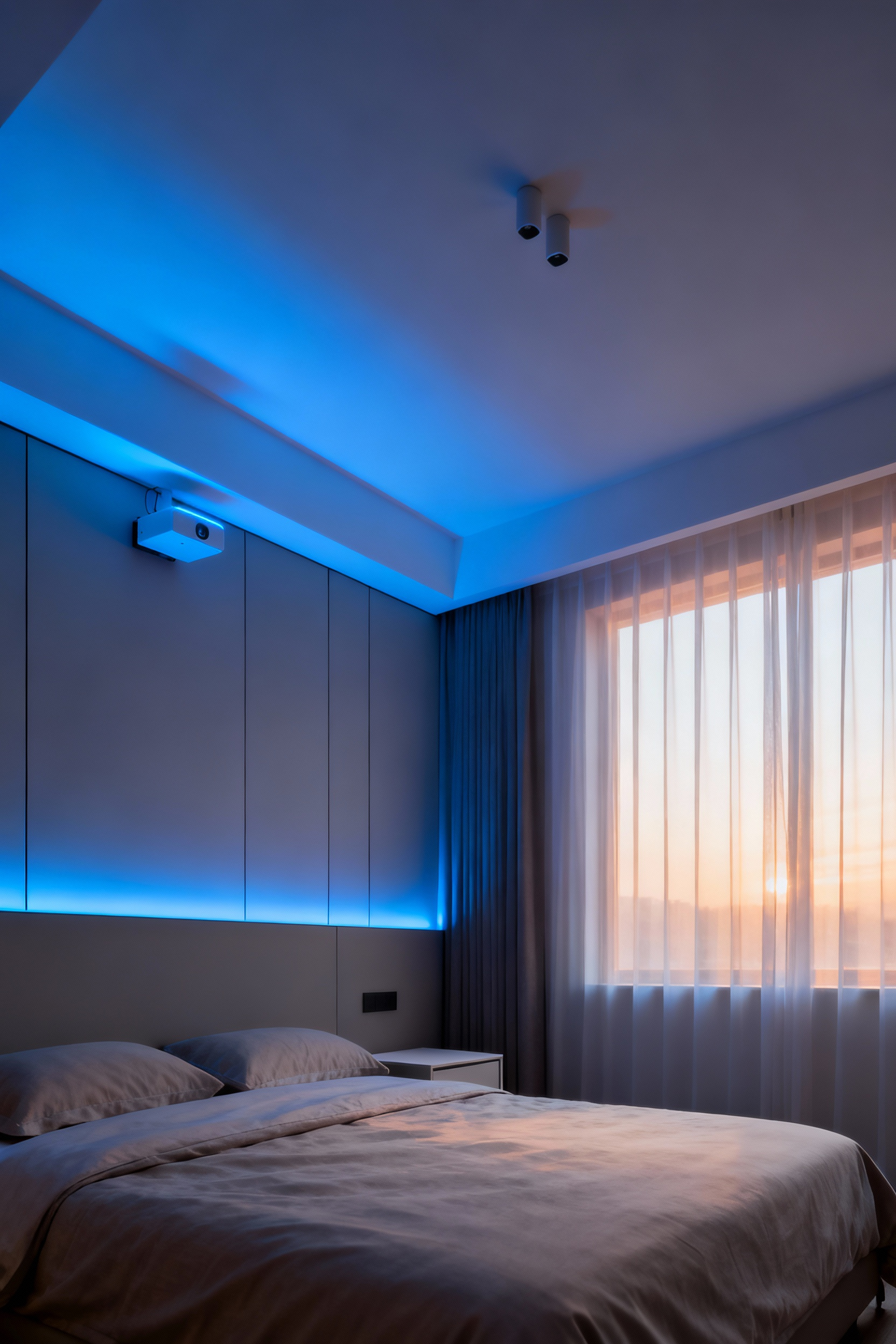Modern bedroom interior with smart ceiling and wall lights displaying a variable blue light gradient to support circadian rhythm.