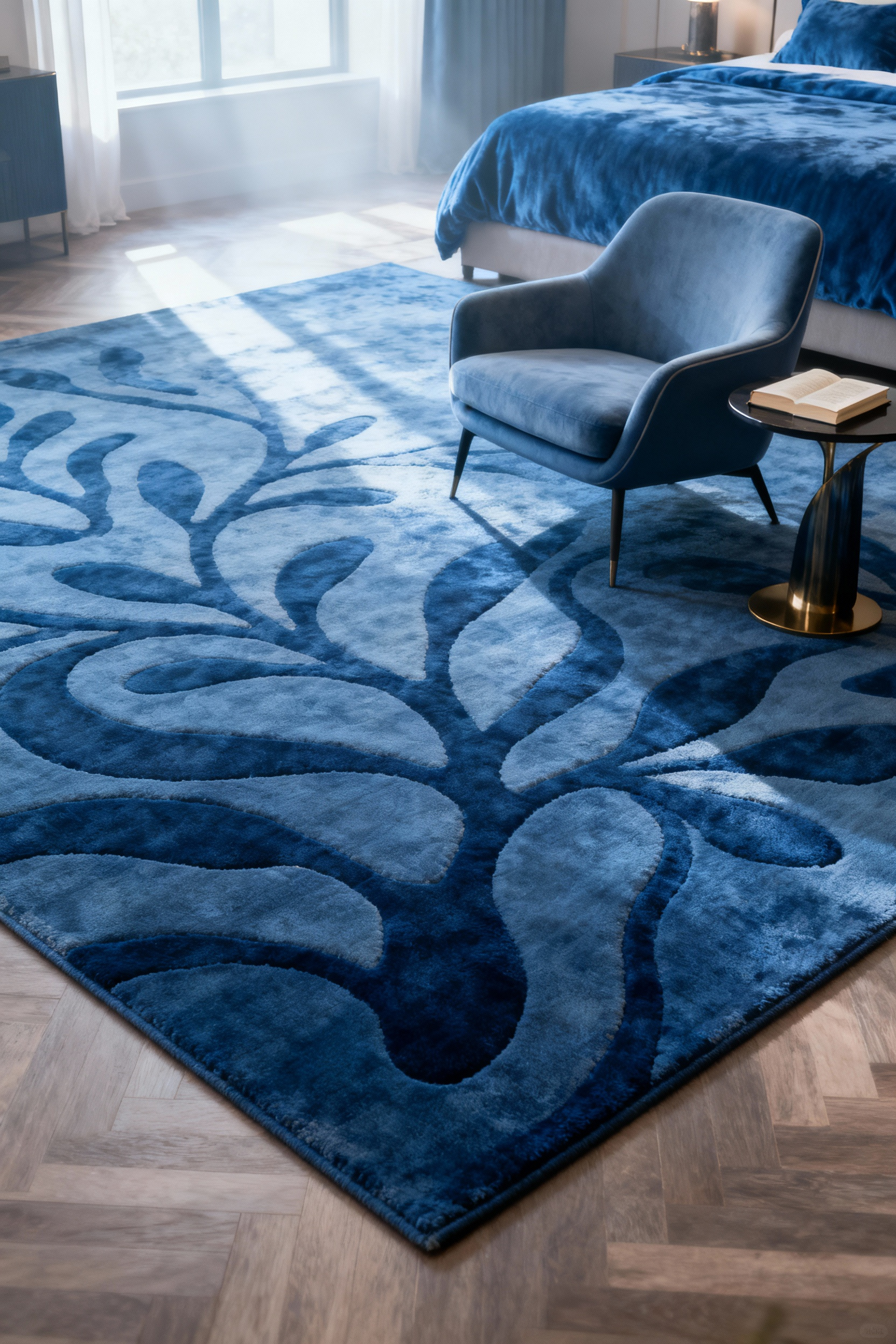 Patterned blue rug defining a luxurious reading nook in a tranquil blue bedroom with elegant furniture and soft natural lighting.