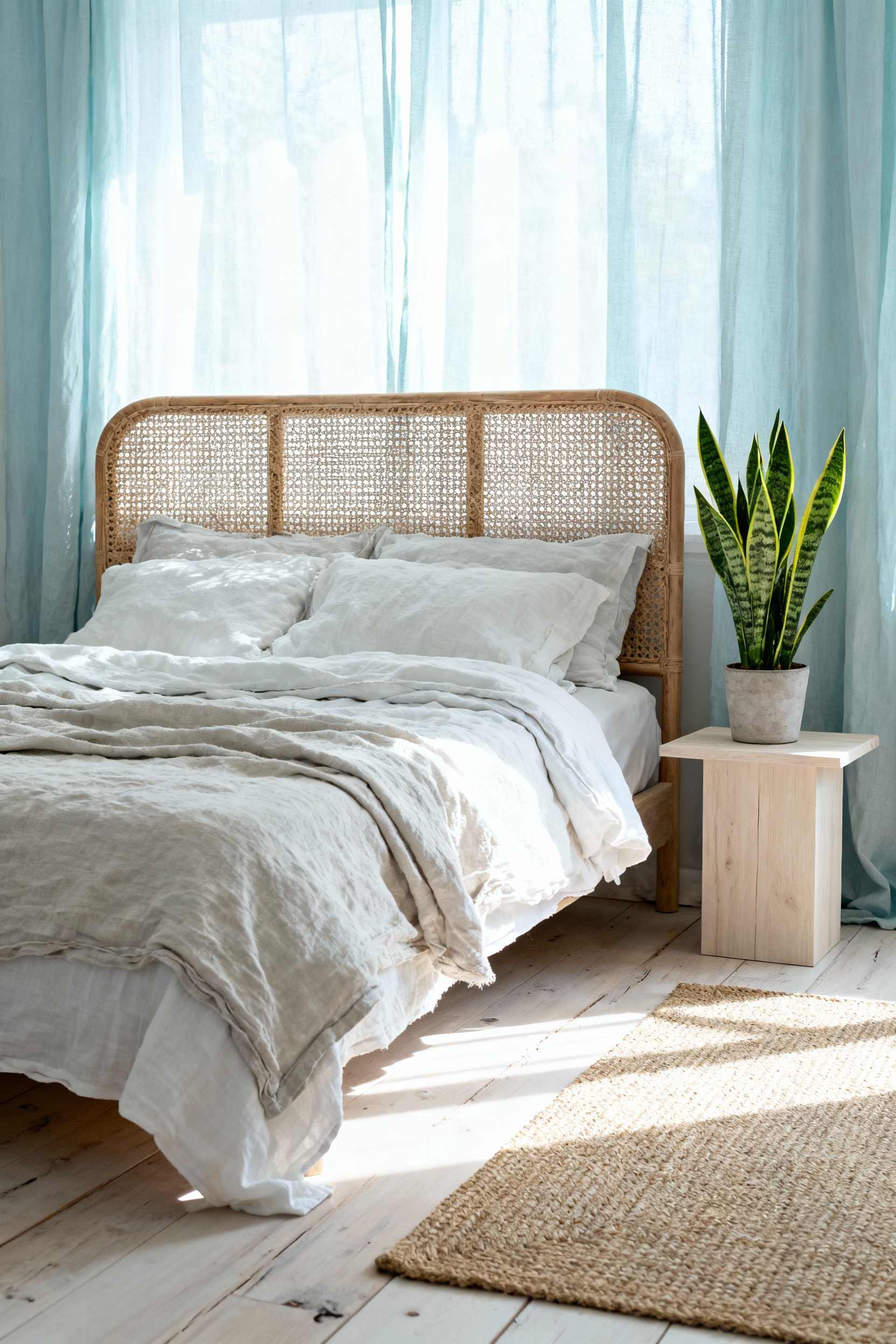 Tranquil coastal blue bedroom featuring layered linen and cotton bedding, a woven rattan headboard, jute rug, and light wood furniture, creating an organic and calm atmosphere.